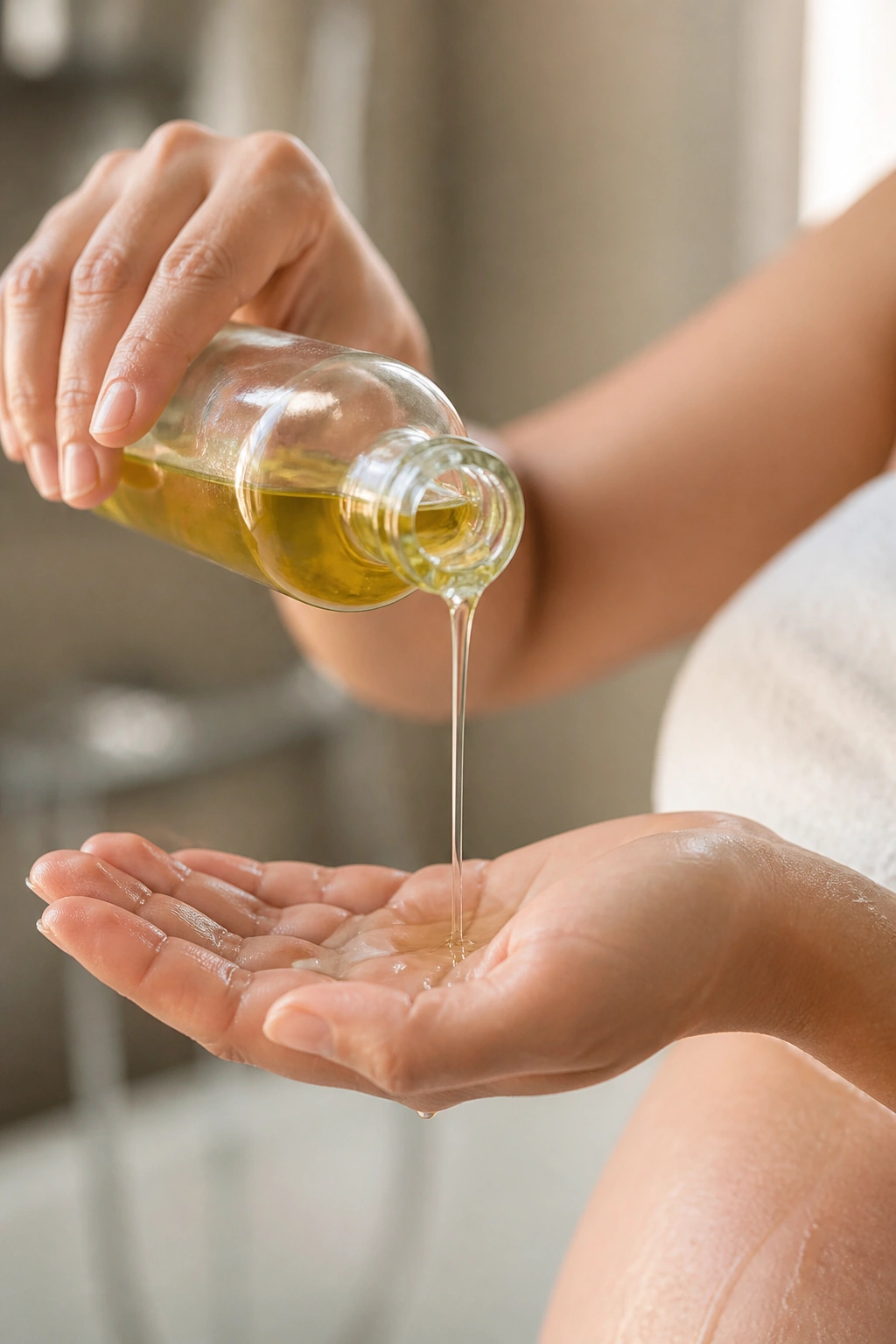 Close-up of grapeseed oil being poured onto the hand in a bathroom