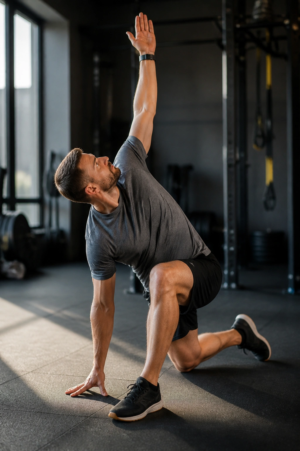 Close-up of a person performing The World’s Greatest Stretch in a gym