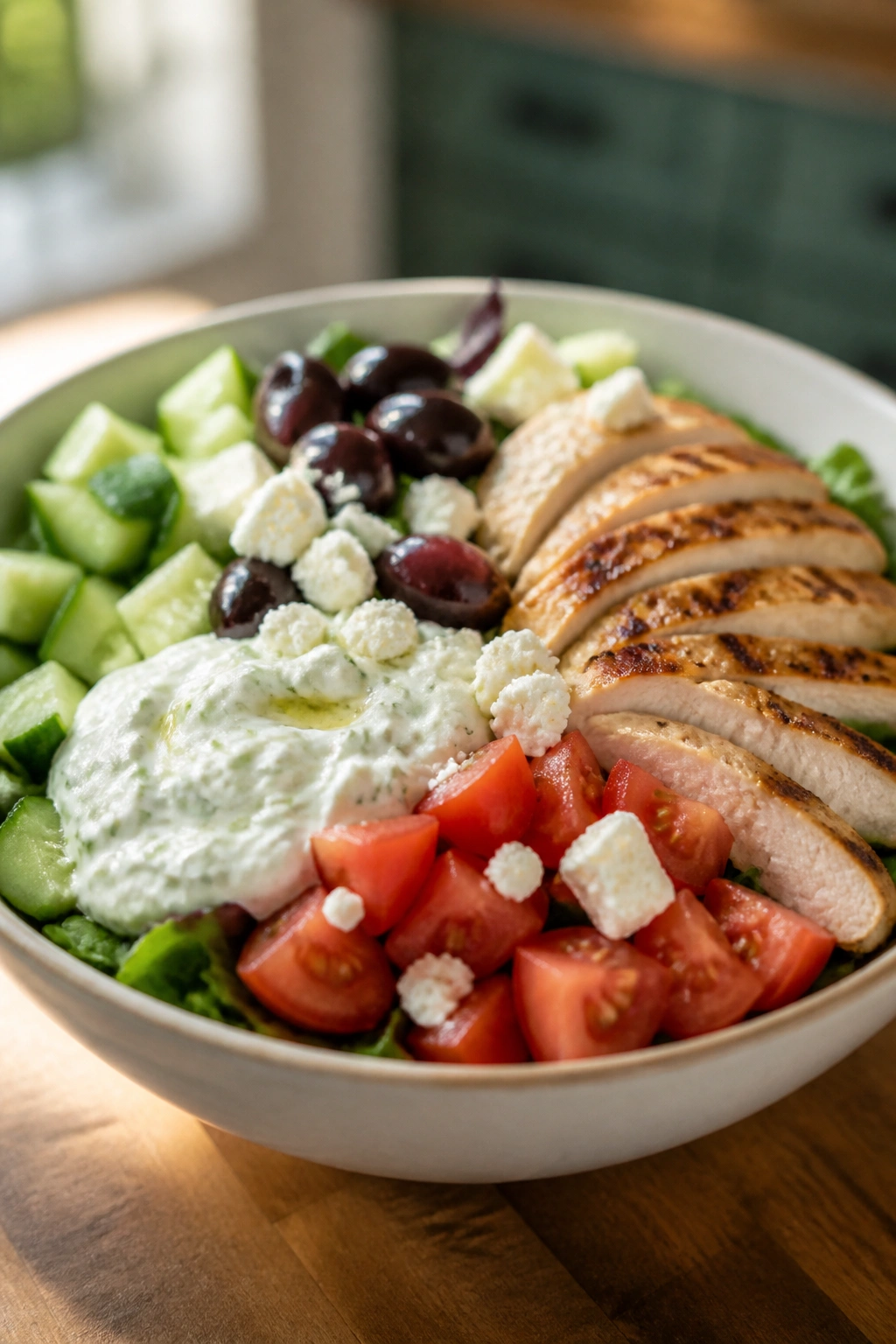 Colorful Greek chicken bowl with cucumber, tomato, olives, feta, and tzatziki