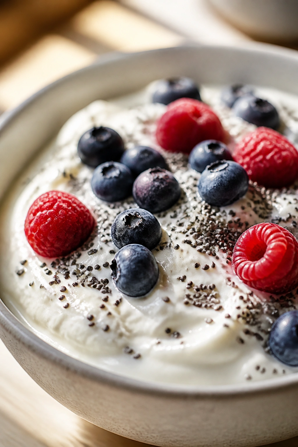 Close-up of Greek yogurt with berries and chia seeds in a bowl on a wooden counter