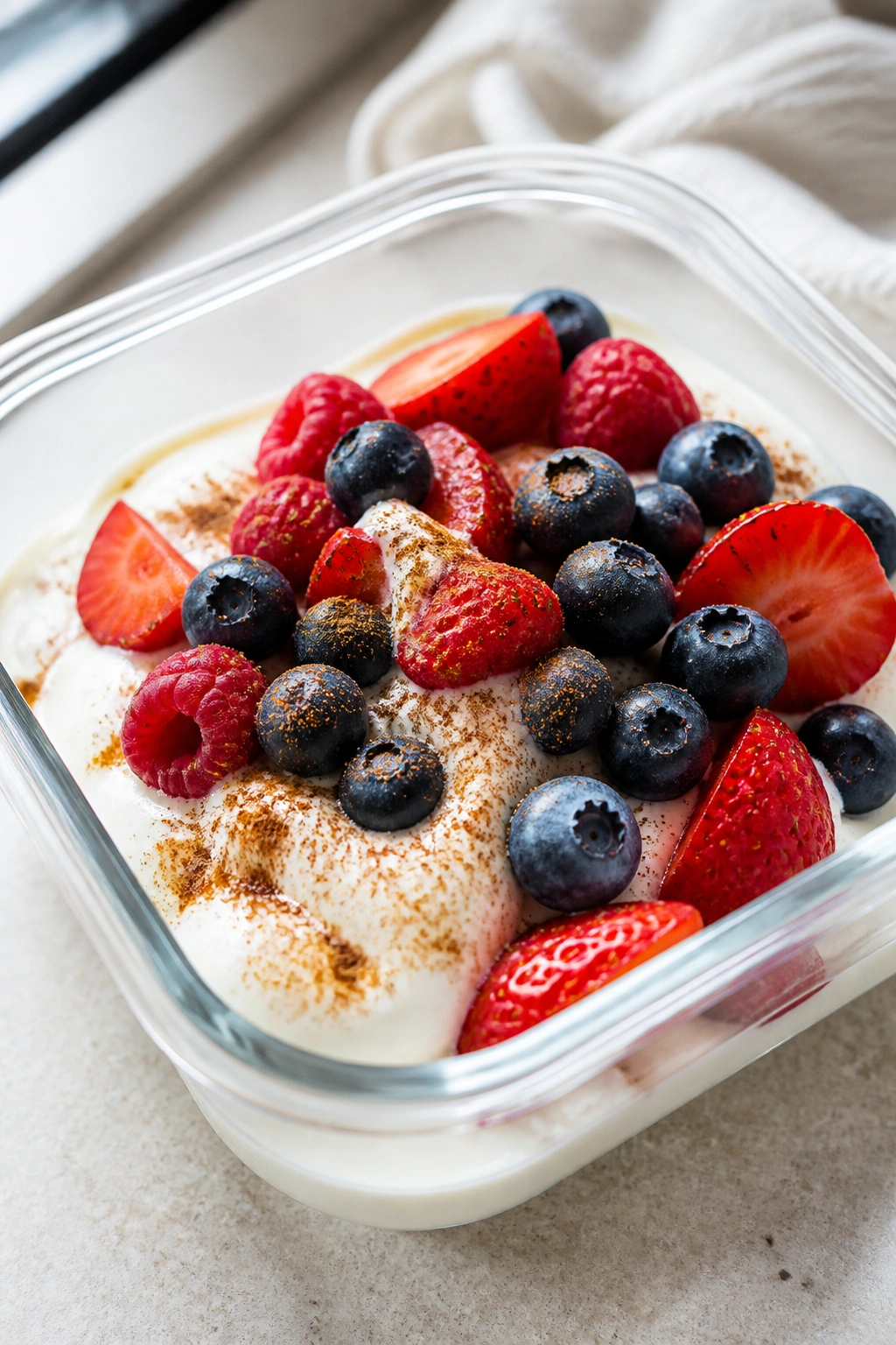 Close-up of Greek yogurt with berries in a small container