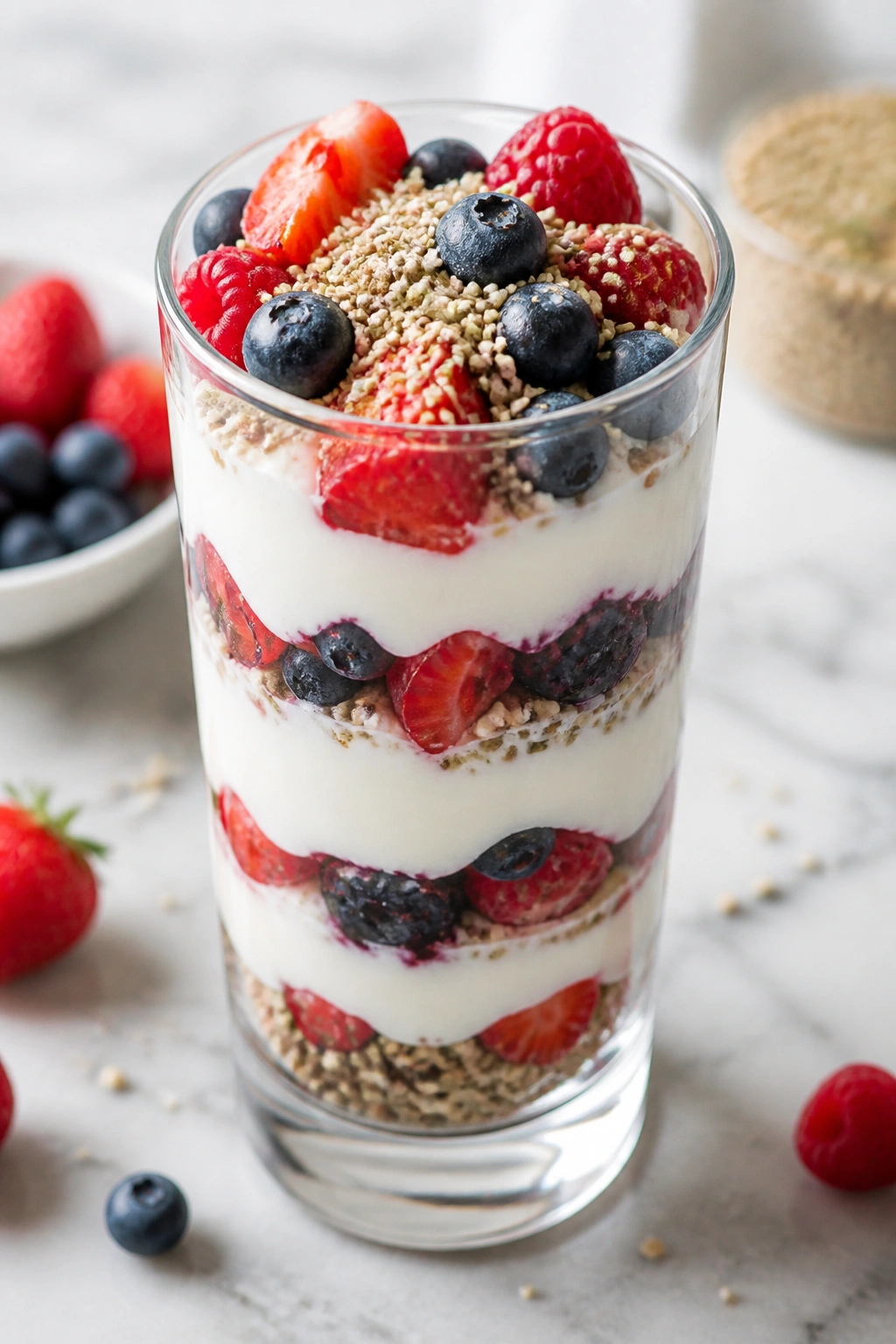 Parfait with Greek yogurt and mixed berries in a tall glass