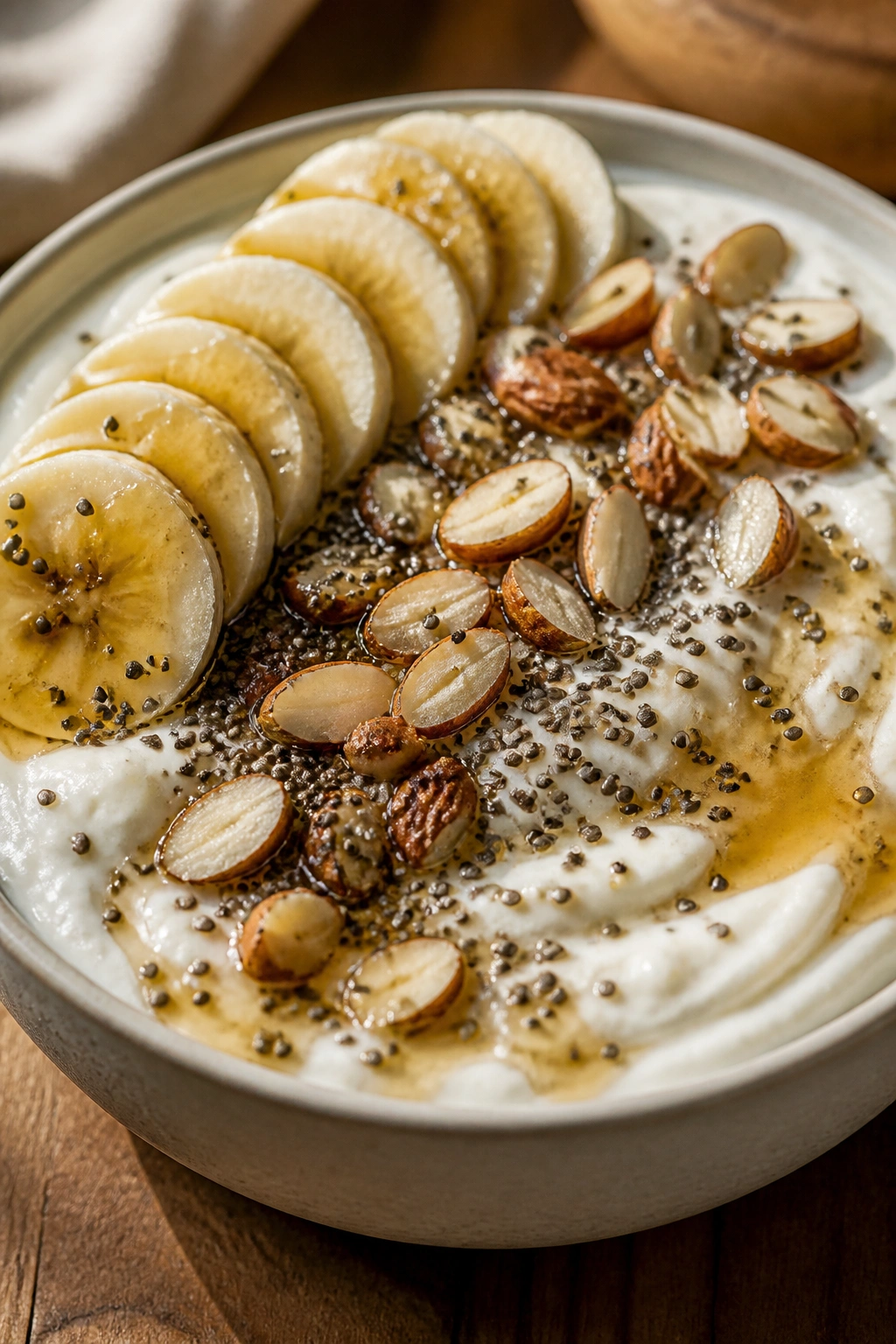 Close-up of a Greek yogurt bowl with chia seeds and banana topping