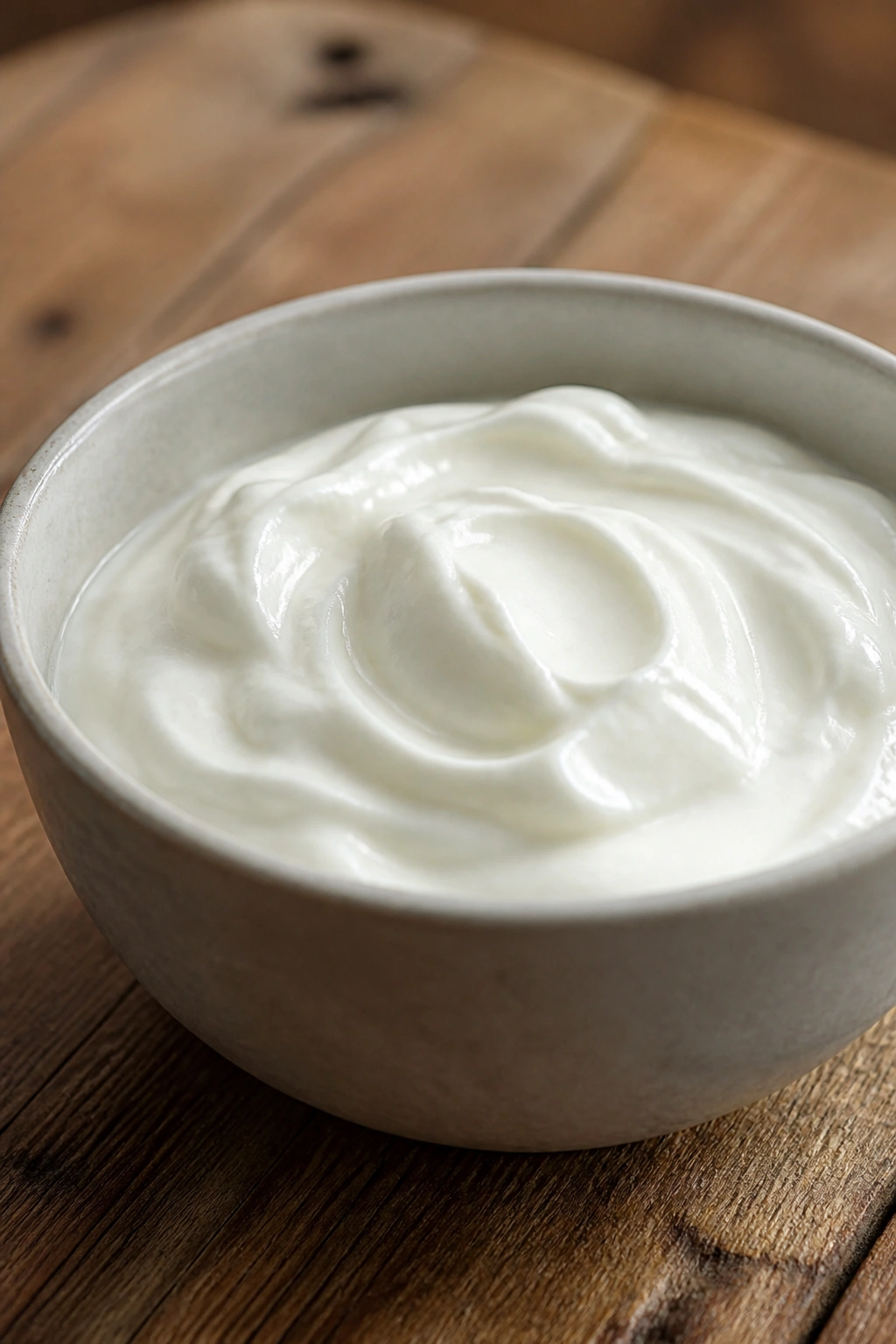 Creamy Greek yogurt in a bowl on a wooden surface