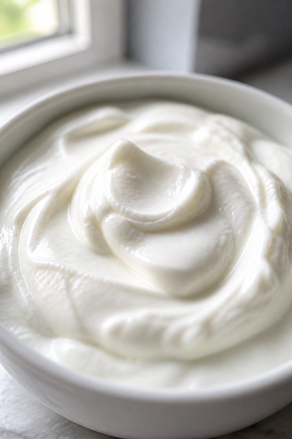 Thick Greek yogurt in bowl, probiotic and slow-digesting protein.