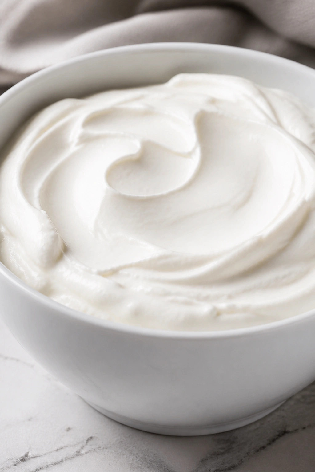 Close-up of thick plain Greek yogurt in a bowl with a smooth texture