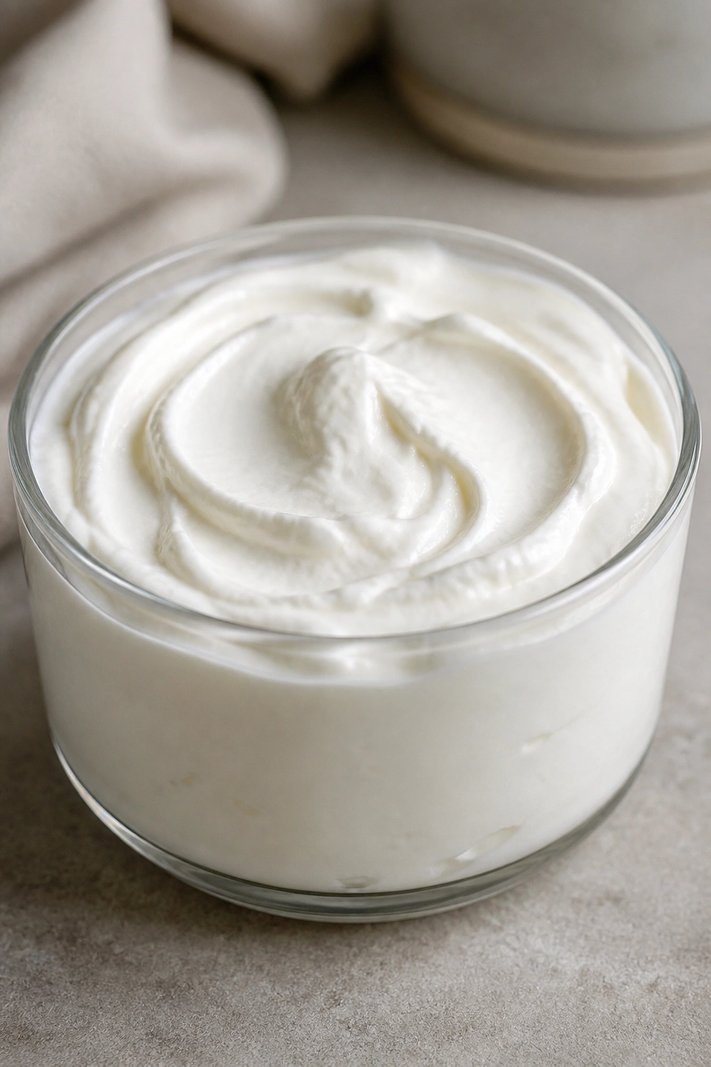 Thick Greek yogurt in a small bowl with smooth texture