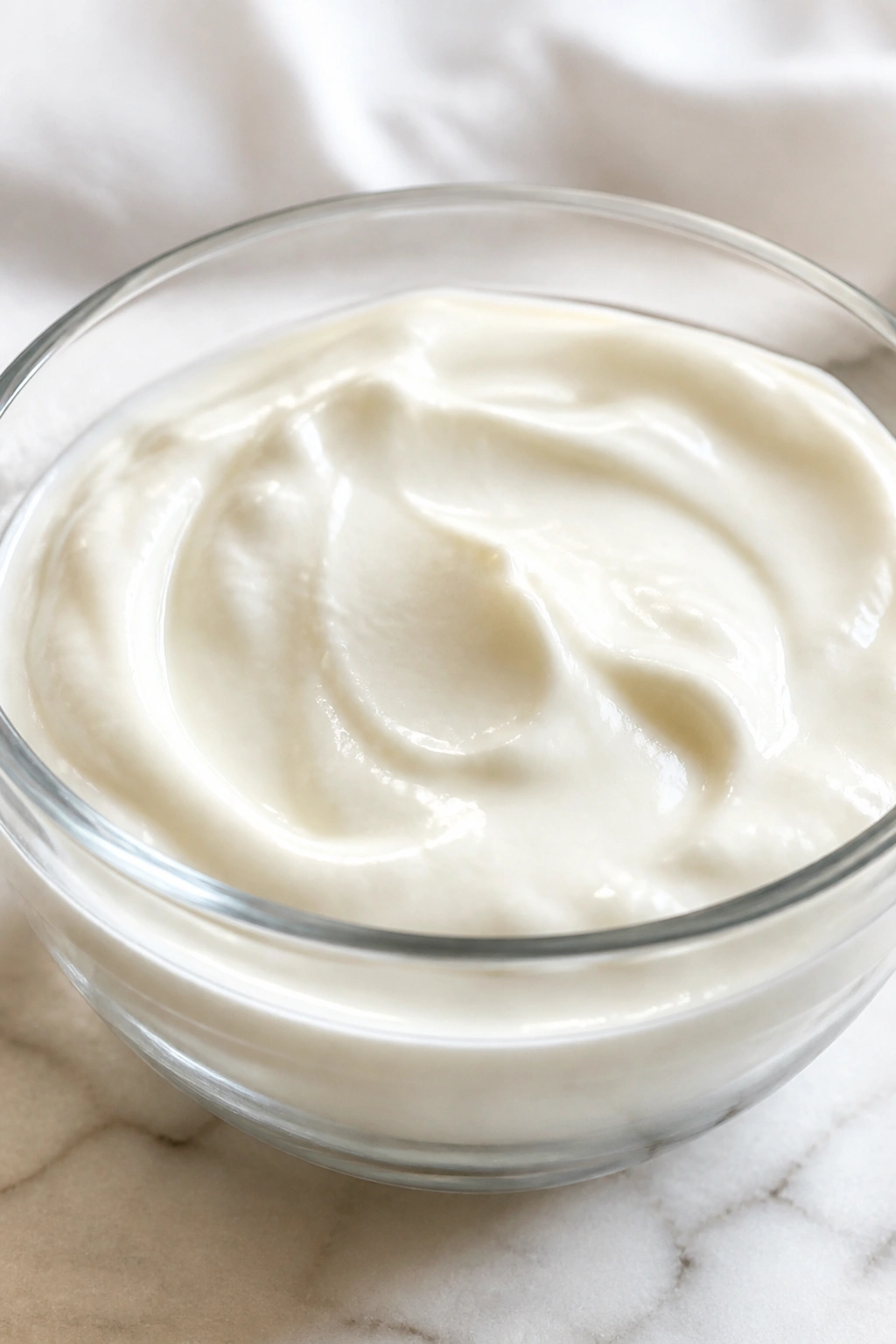 Close-up of plain Greek yogurt in a small glass bowl on a neutral kitchen background.