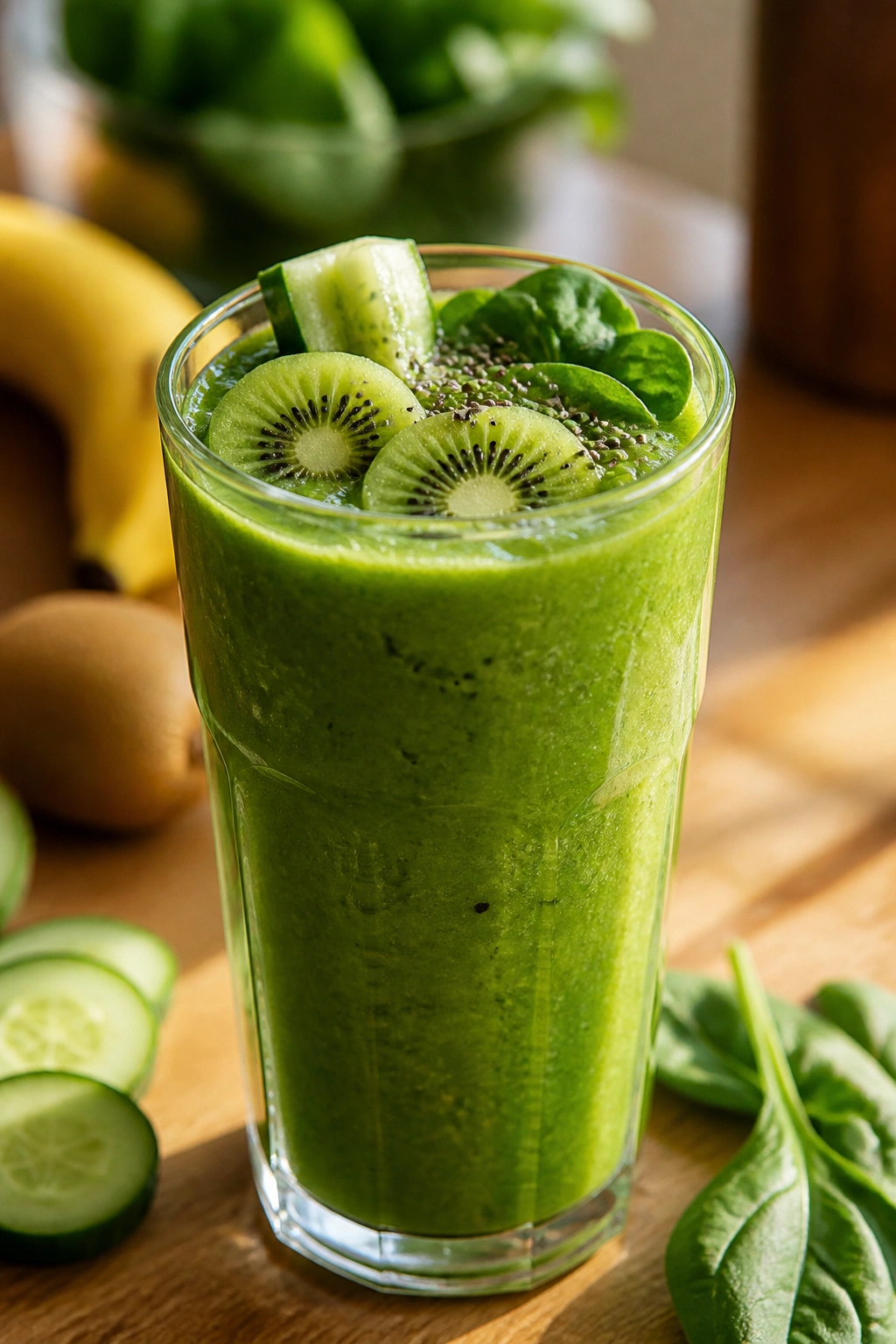 Close-up of a bright green smoothie in a glass on a kitchen counter