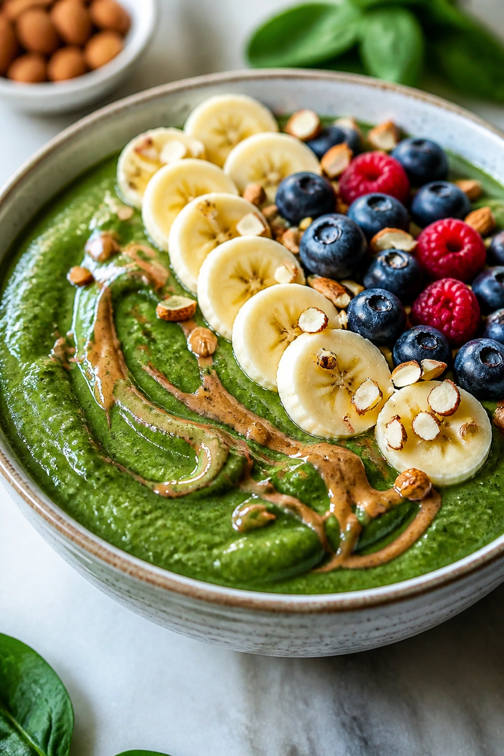 Green smoothie bowl with spinach, banana, and almond butter