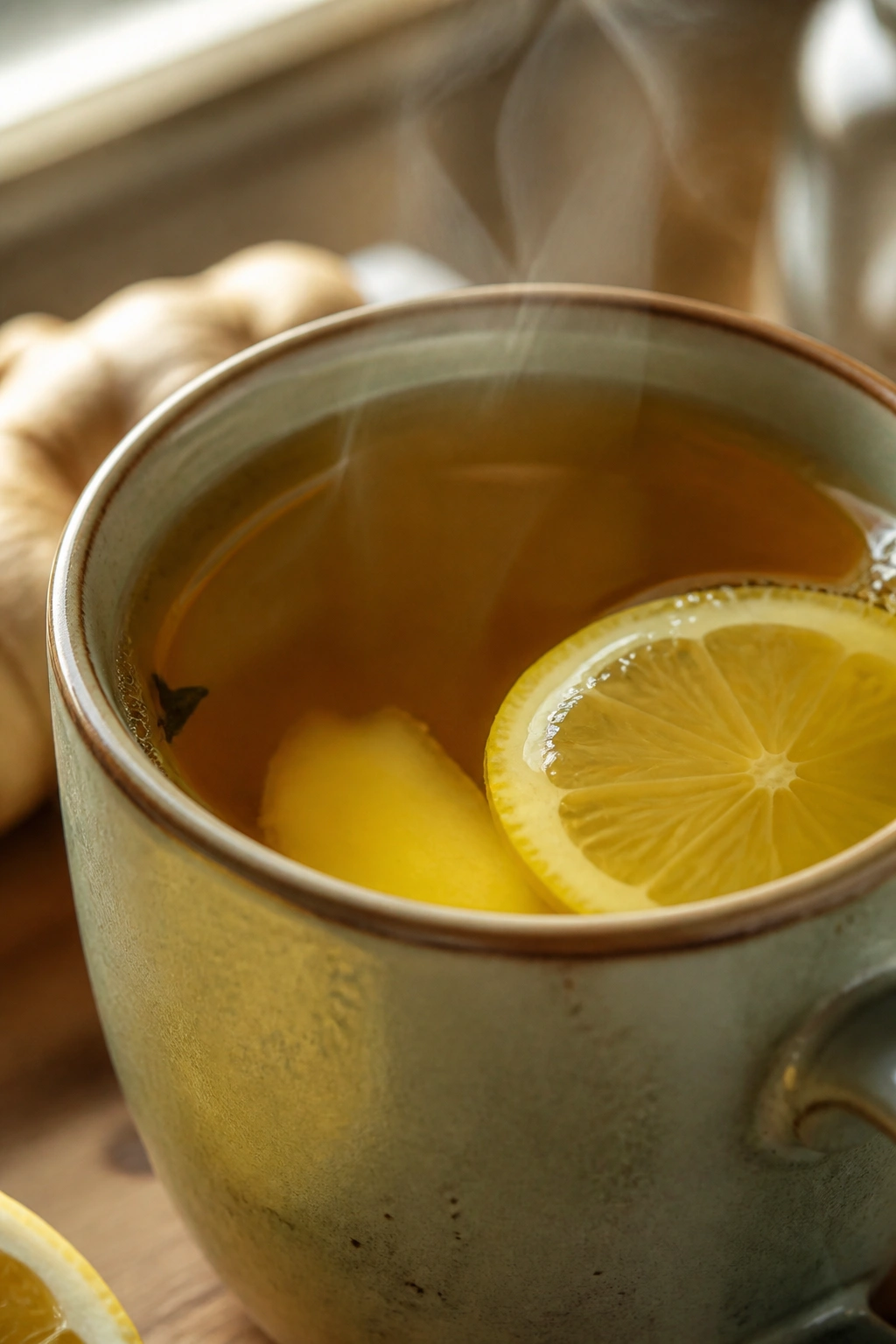 Close-up of a mug of green tea lemon ginger turmeric with a lemon slice on the rim and steam.