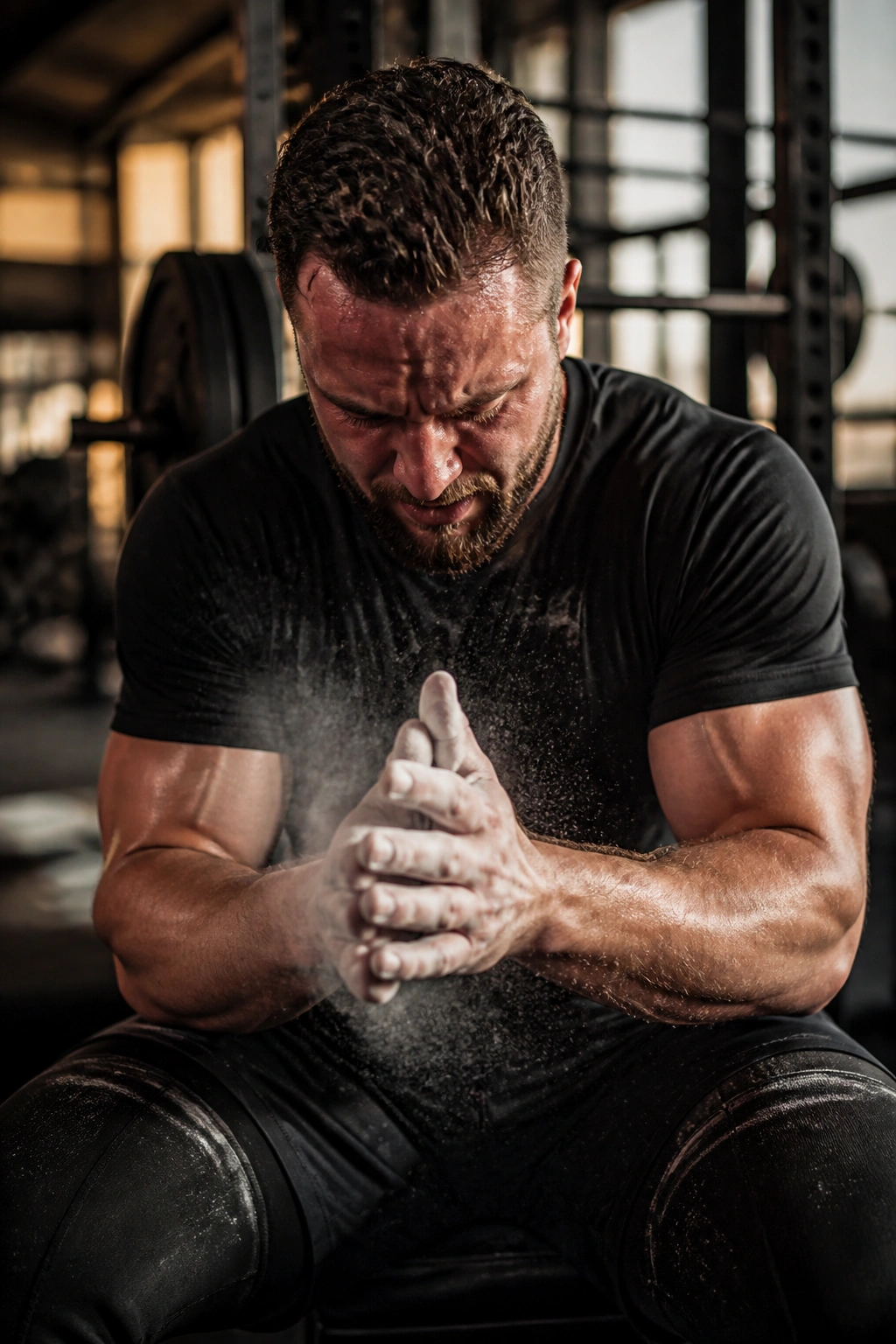 Close-up of a lifter finishing a set with chalk, illustrating Greyskull LP.