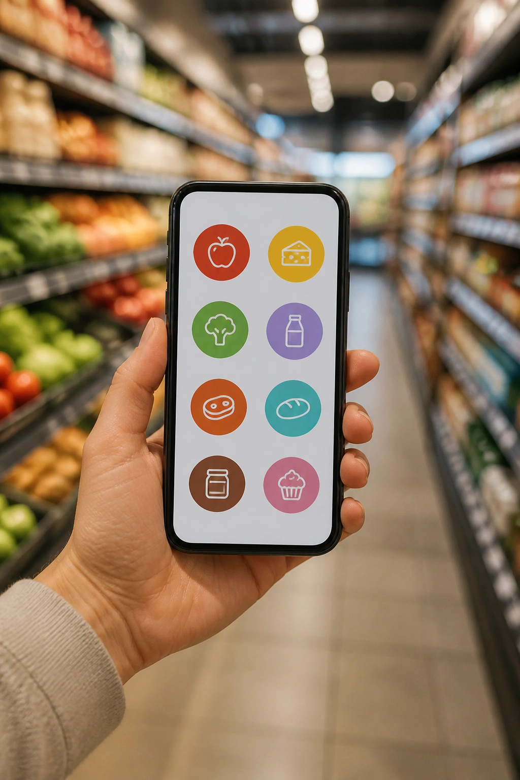 Hand holding a smartphone with color-coded app icons for grocery aisles