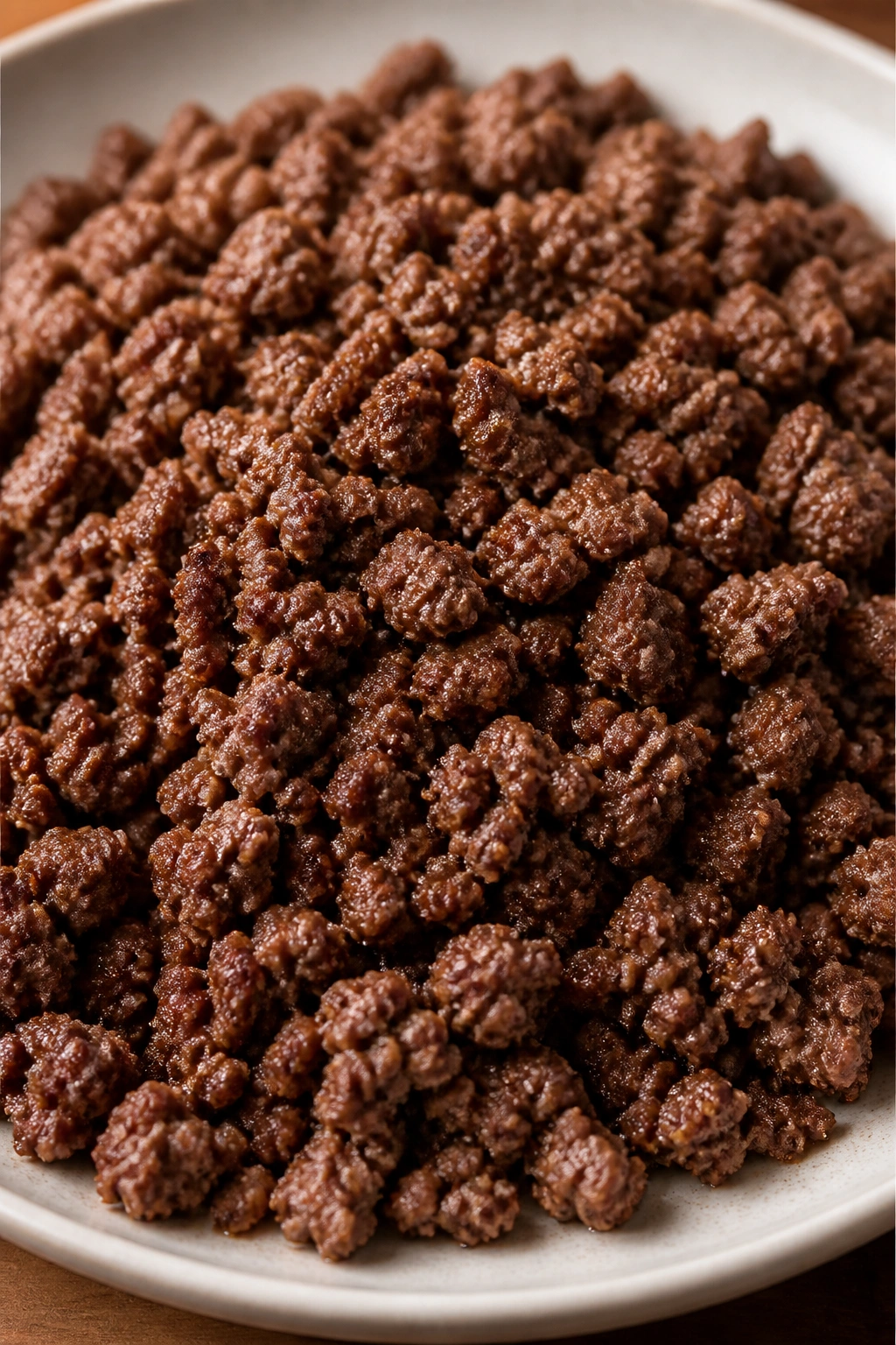 Crumbled ground beef on a neutral plate in a warm kitchen