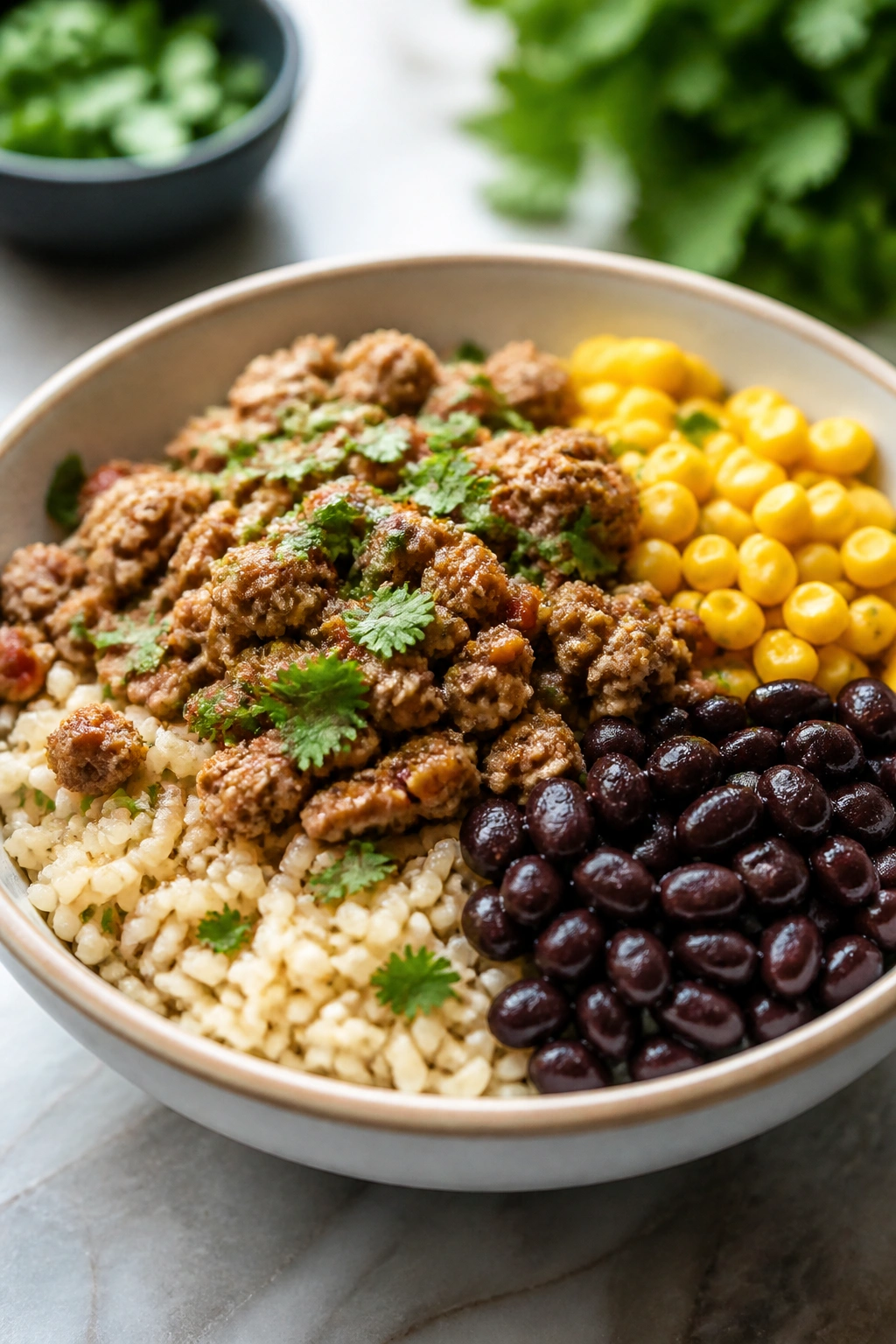 Close-up of a burrito bowl with turkey, rice, beans and corn on a kitchen counter