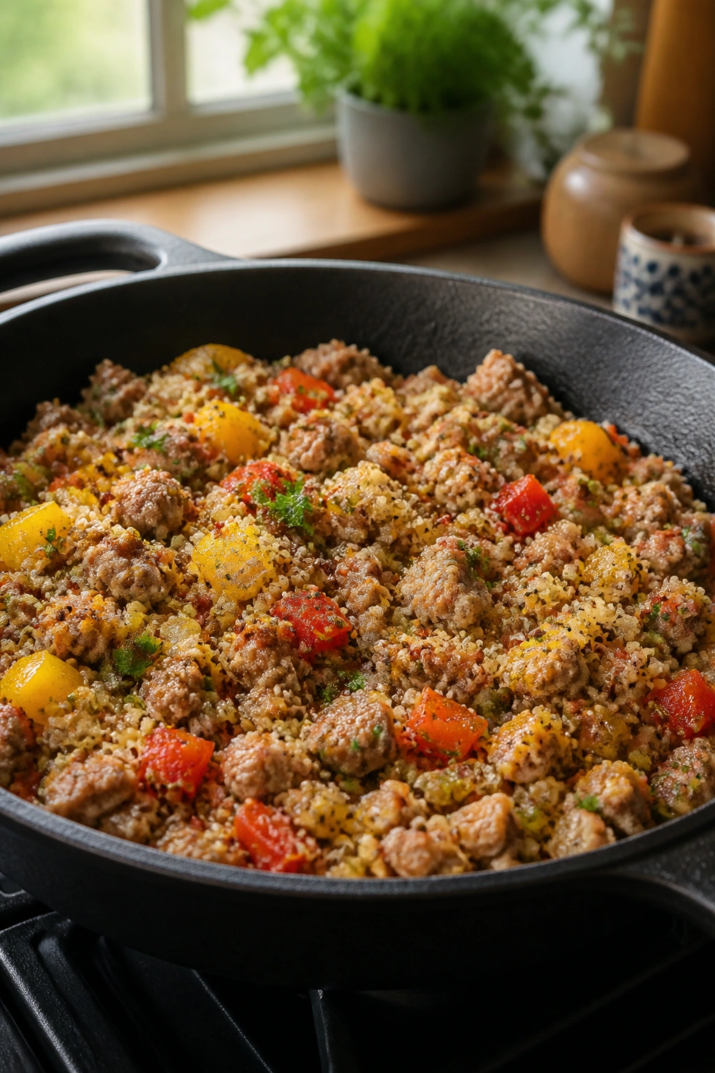 Close-up of ground turkey and quinoa skillet in a cast-iron pan