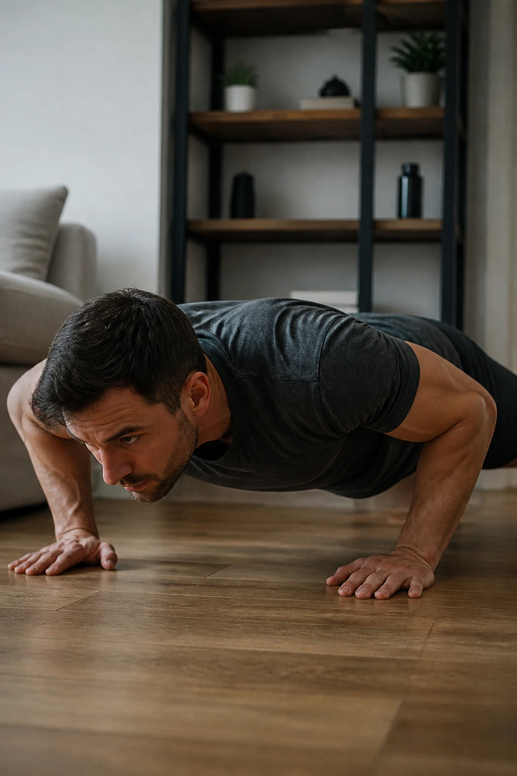 Real person performing a floor push-up in a home setting