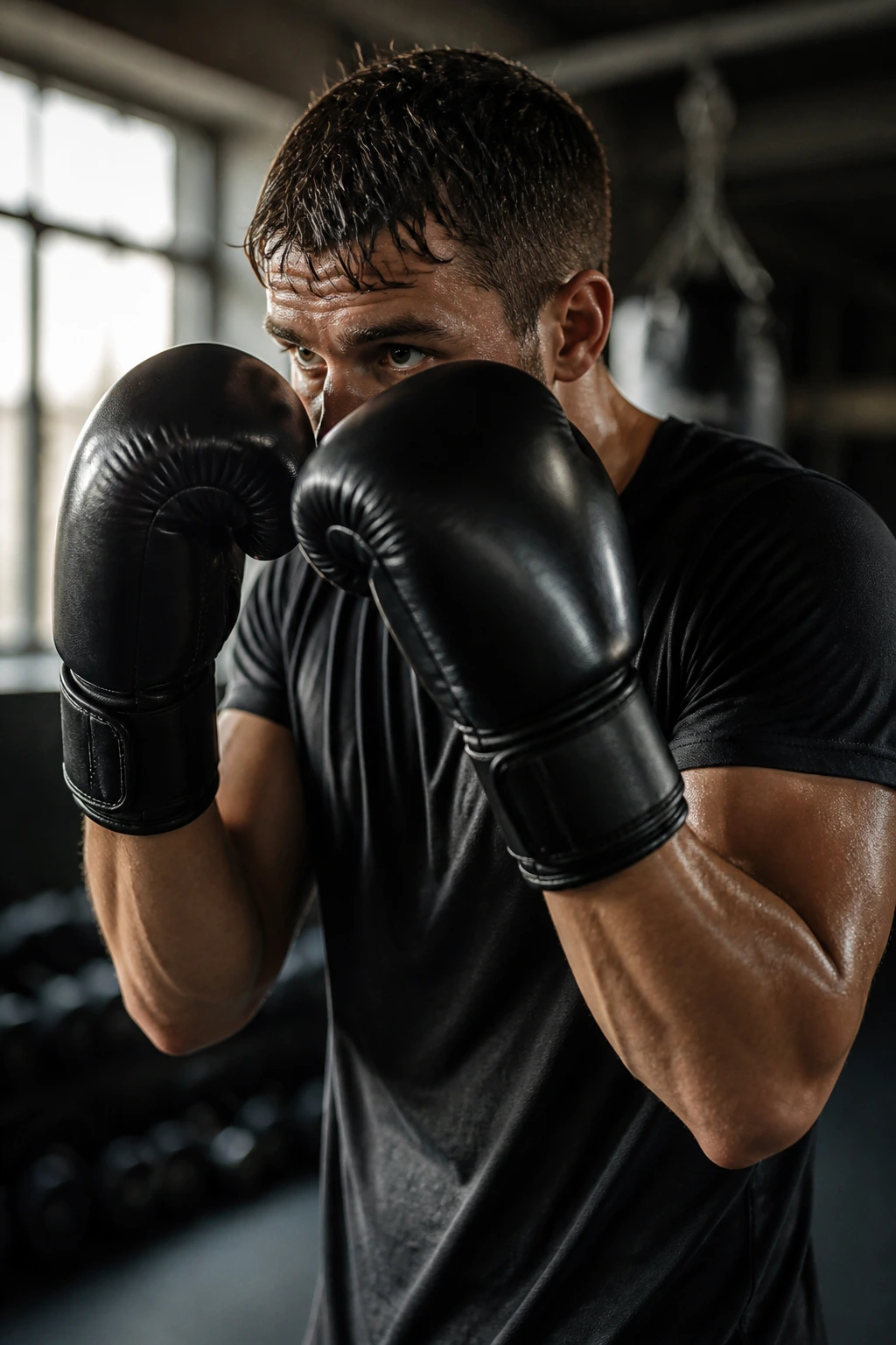 Boxer in guard position showing endurance burn with high guard