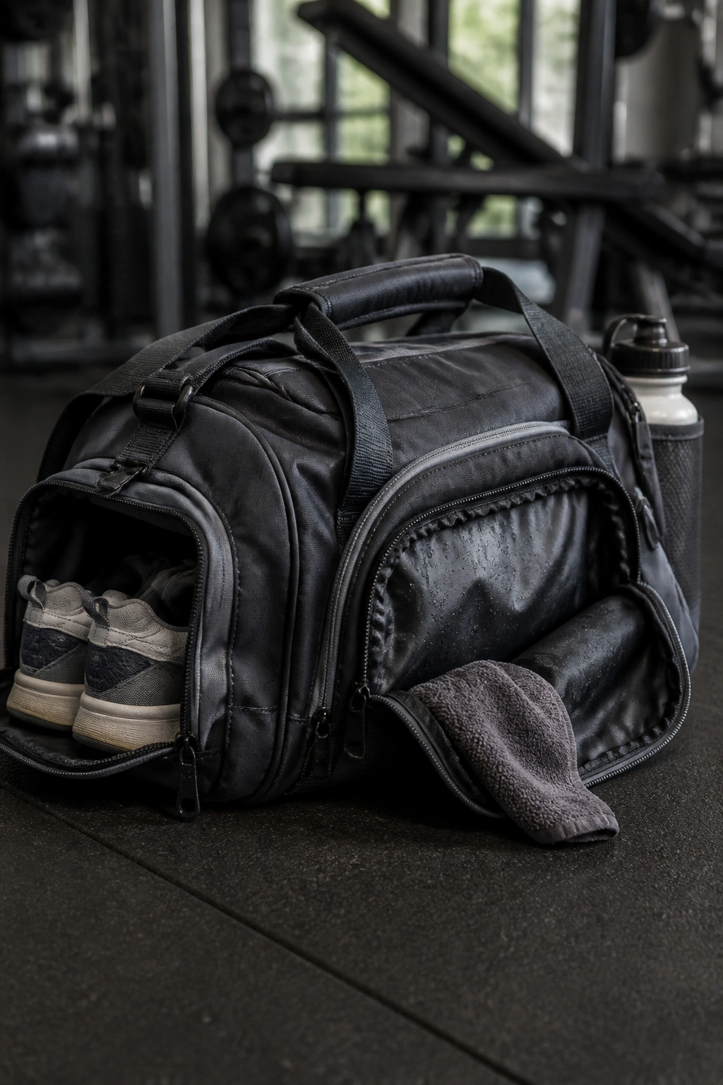 Close-up of a rugged gym bag with compartments on a gym floor