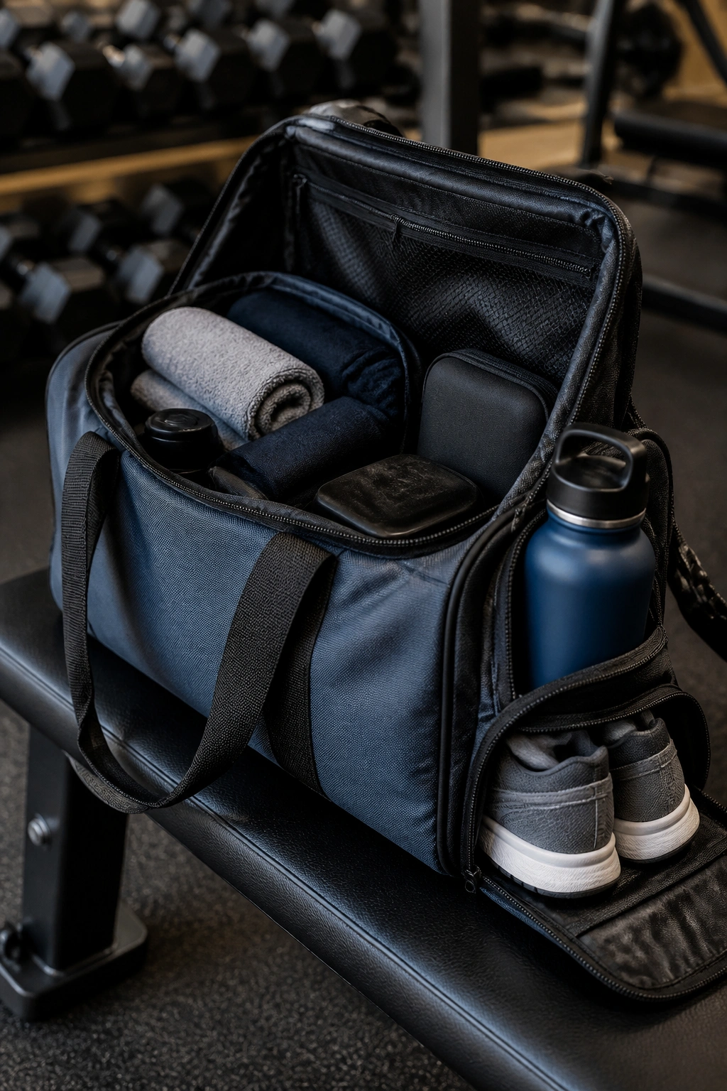 Close-up of an organized gym bag on a bench showing compartments for shoes and a bottle