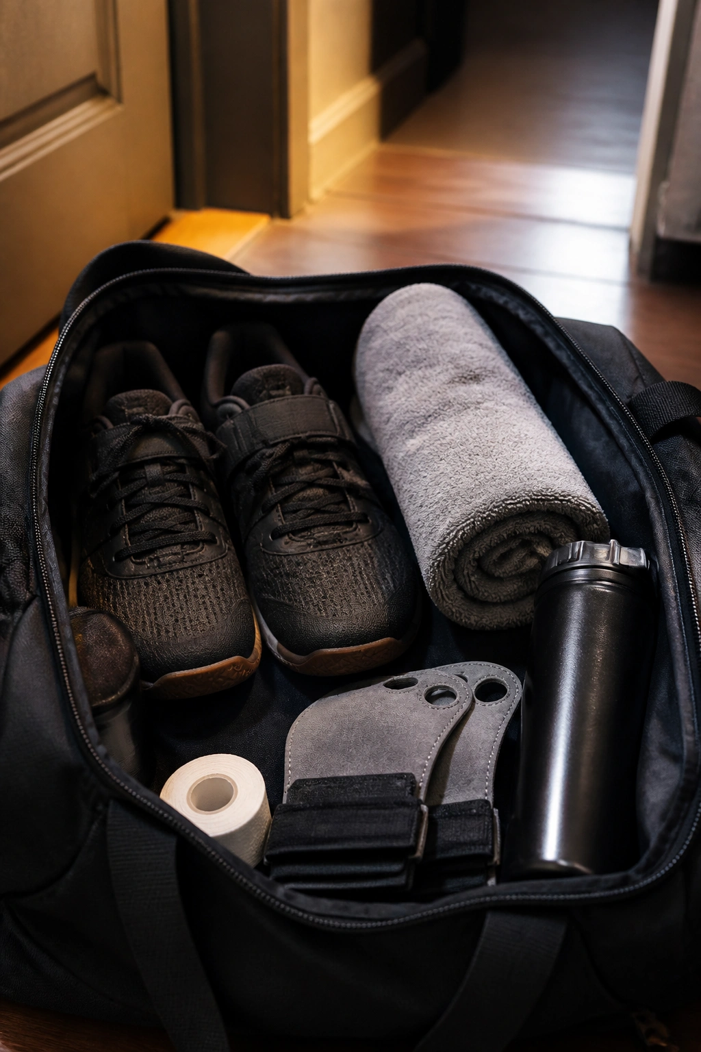Gym bag packed with essentials ready by the door