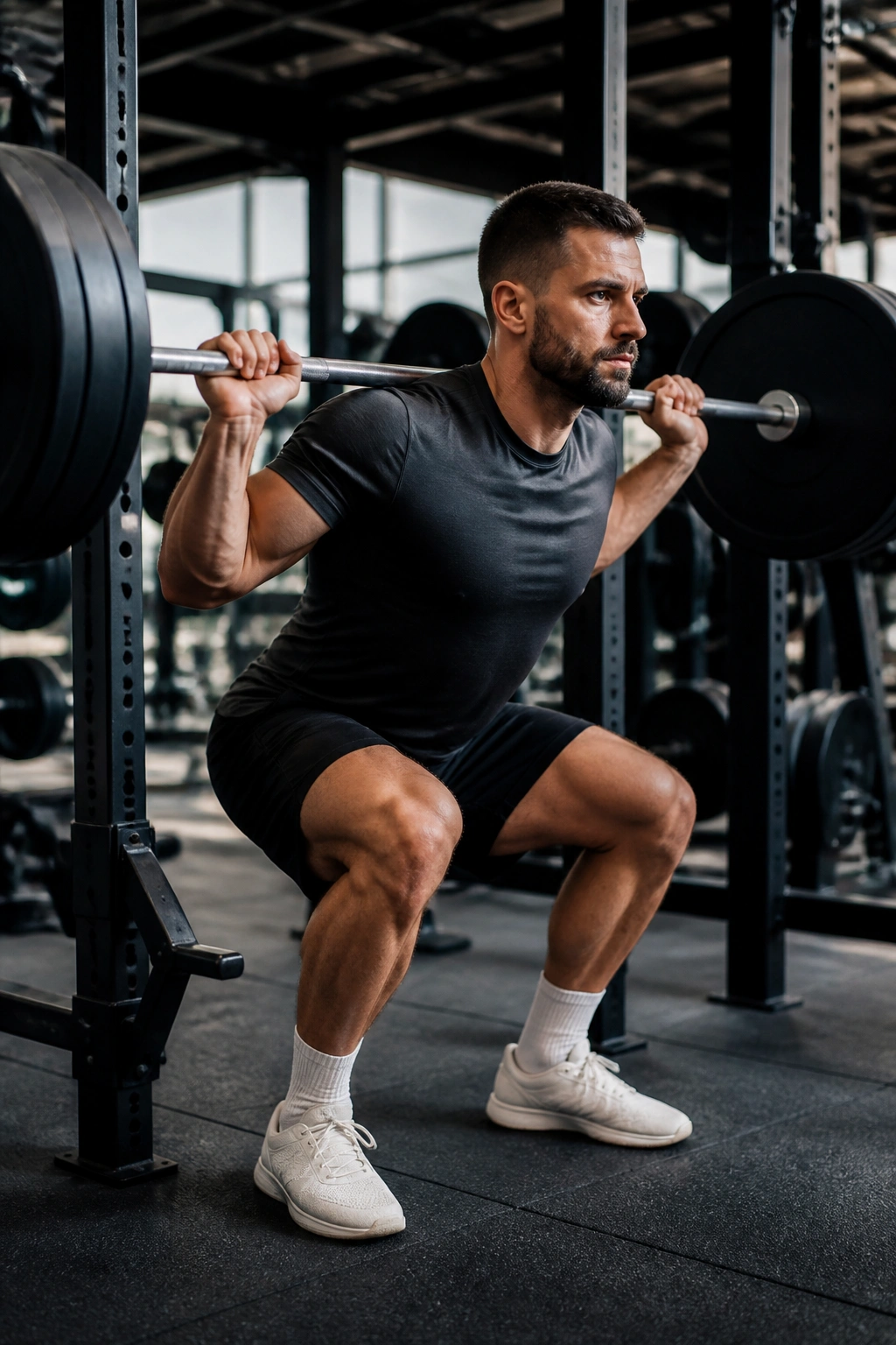 Person performing barbell squat in a gym with machines in the background