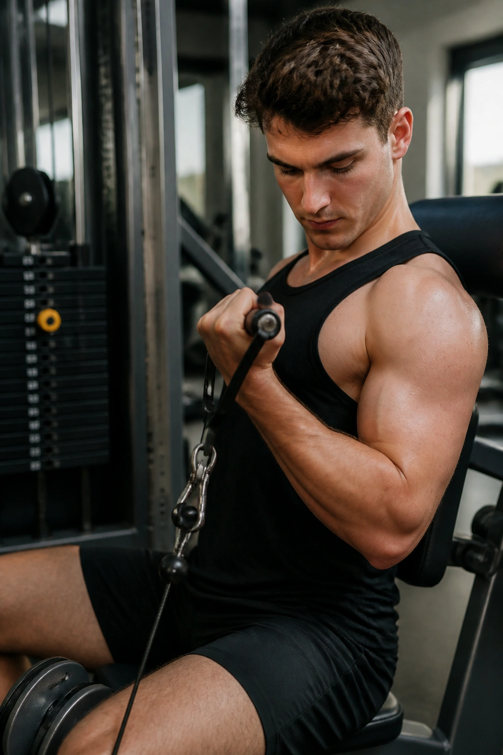 Close-up of a person using a cable machine for an arm curl in a gym