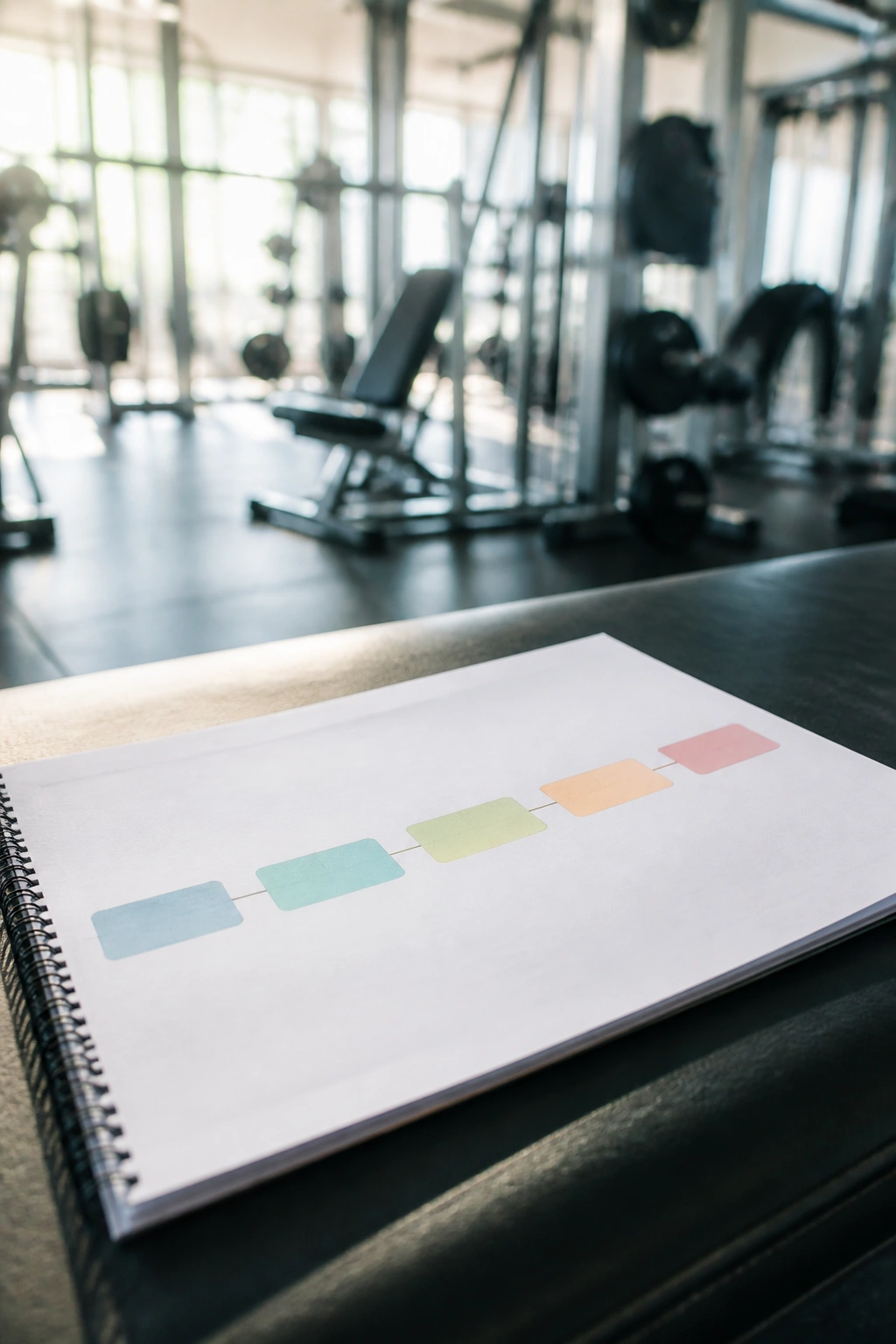 Calendar showing a machine circuit path with color blocks on a gym bench