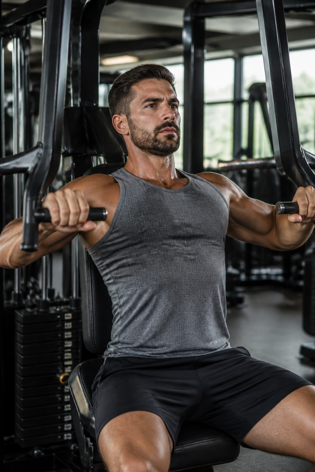 Close-up of a person using a multi-gym machine for a full-body workout in a real gym.