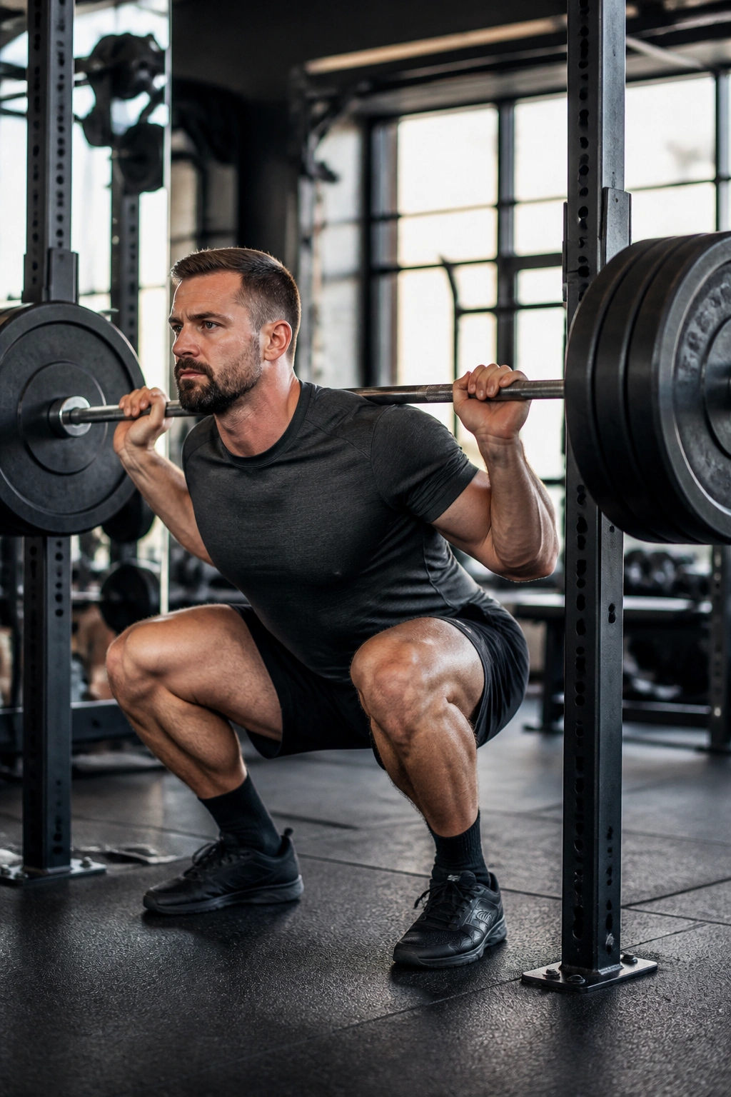 Person performing barbell back squat in a gym with weight rack in background