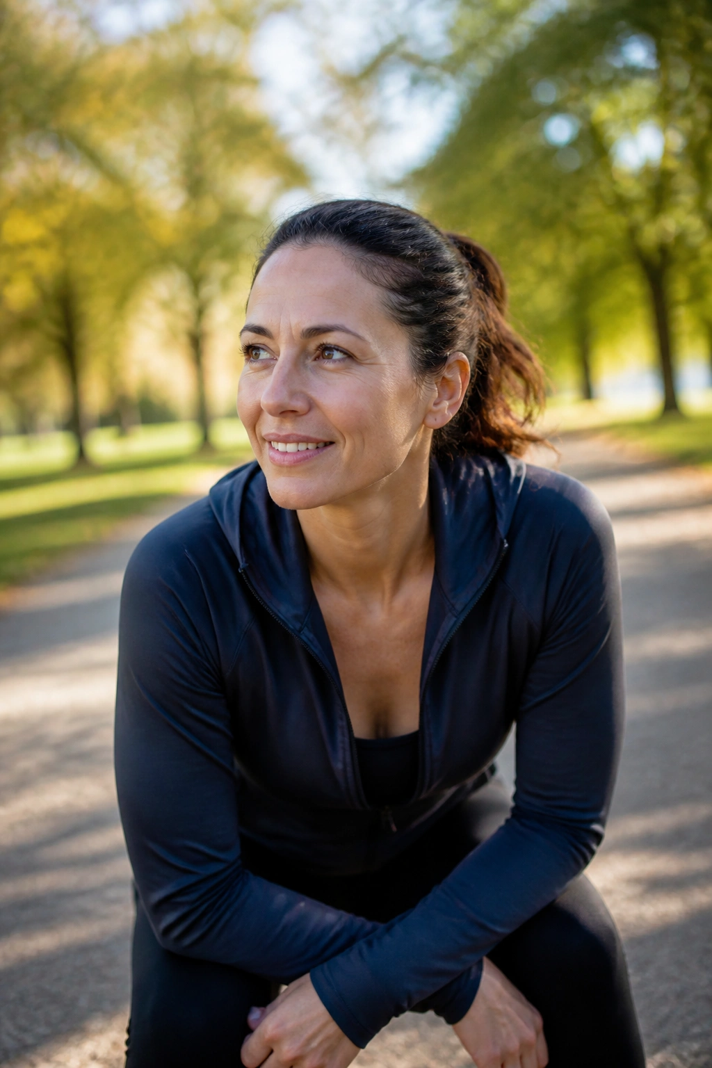Outdoor portrait showing habit formation and continuation after 30 days with a real person in workout gear.