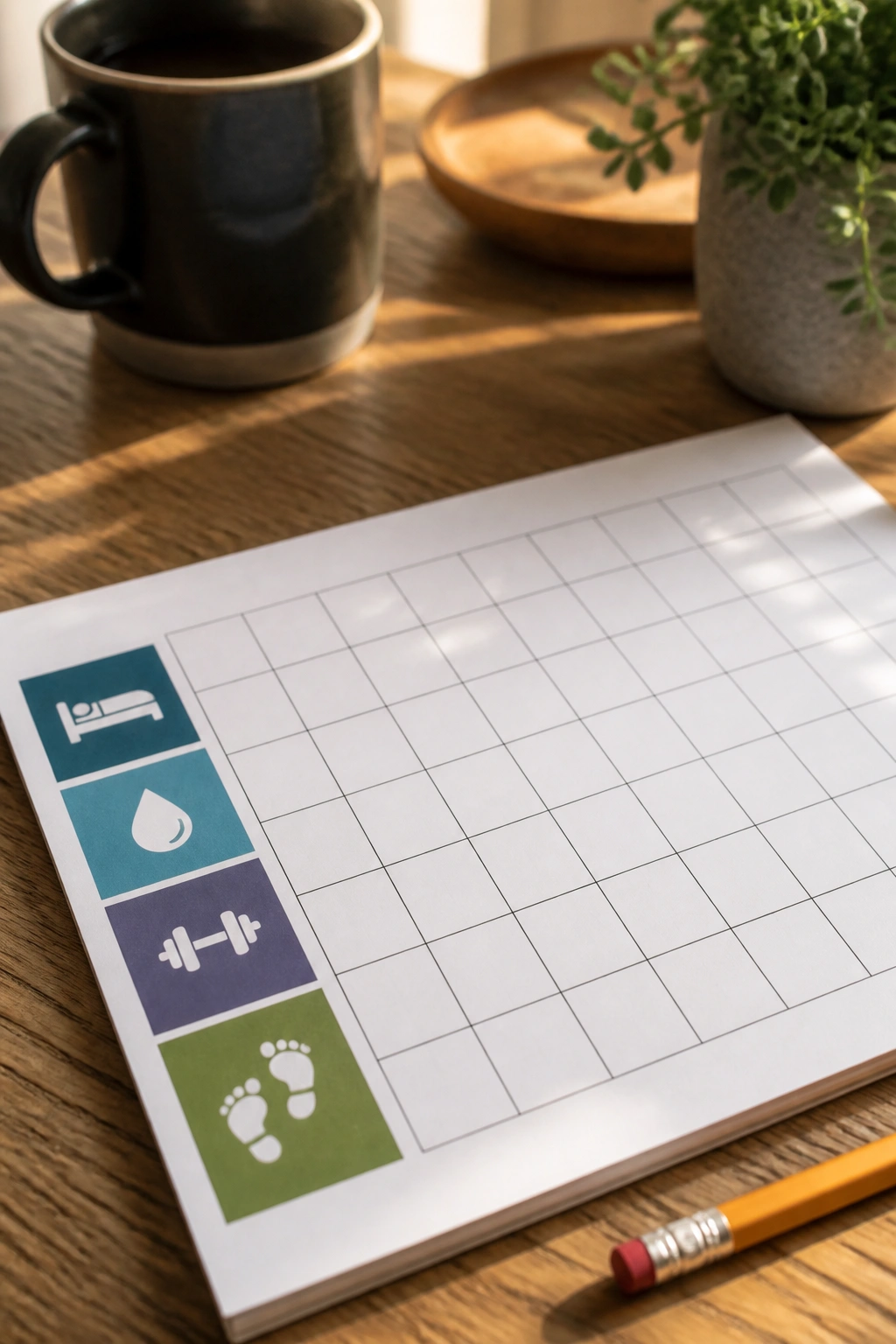 Close-up of a habit tracker page showing sleep, water, and training icons on a desk