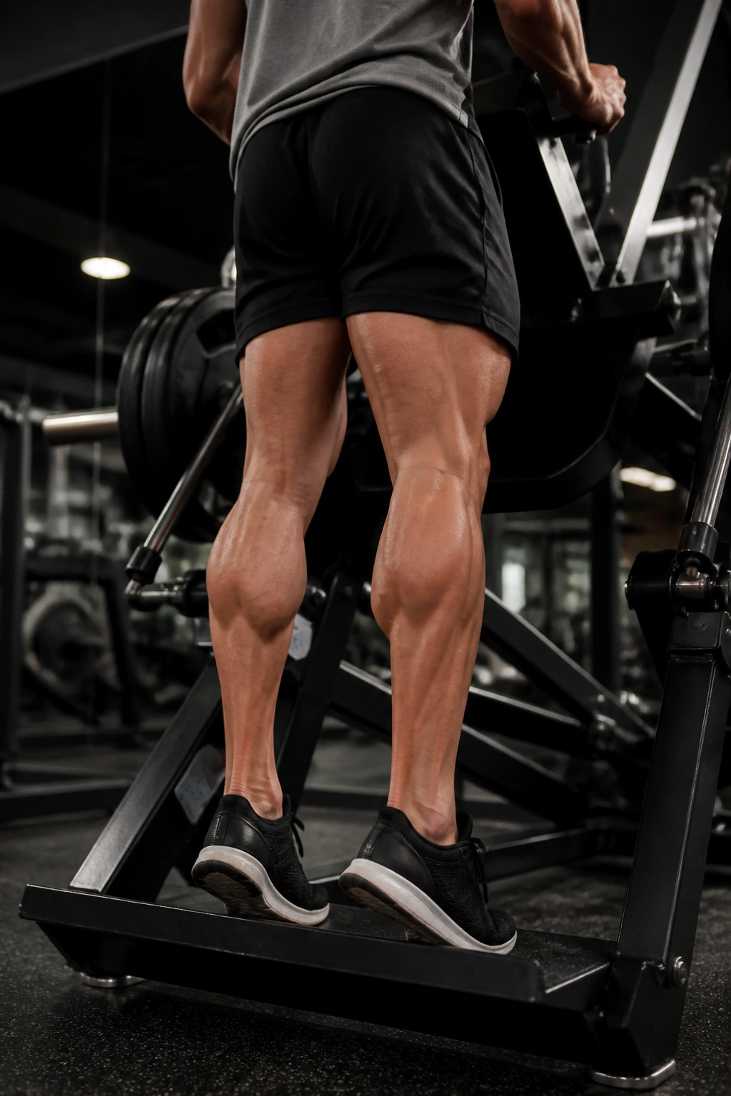 Calves engaged on hack squat calf raise with feet on edge