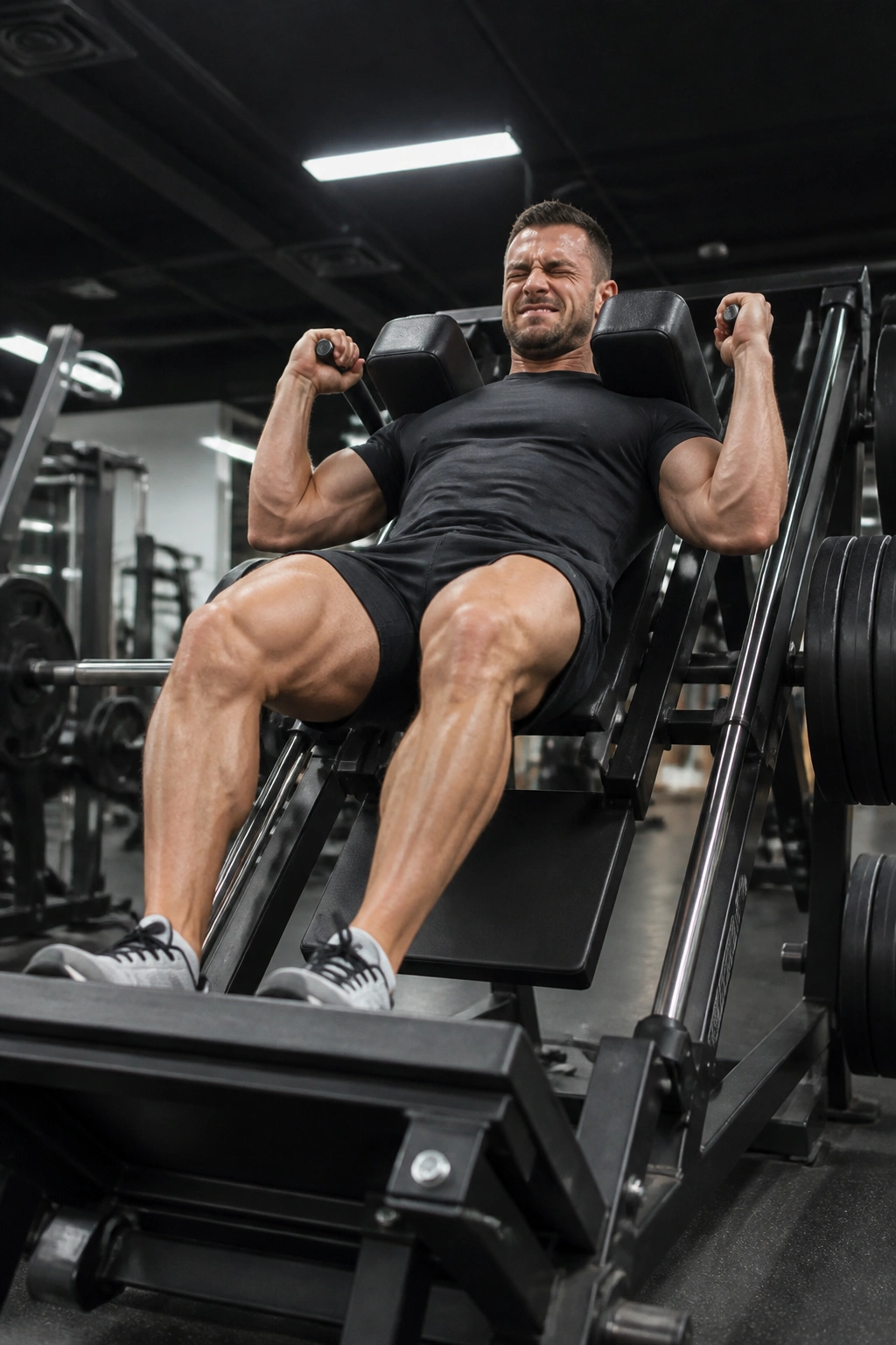 Close-up of a person using a hack squat machine in a gym
