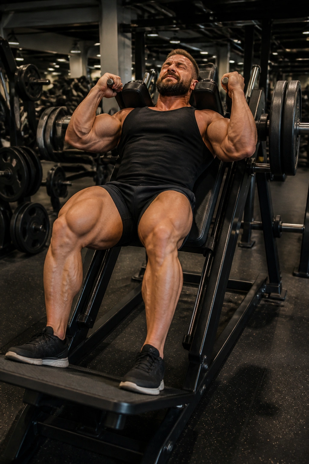 Person using Hack Squat machine focusing on quads