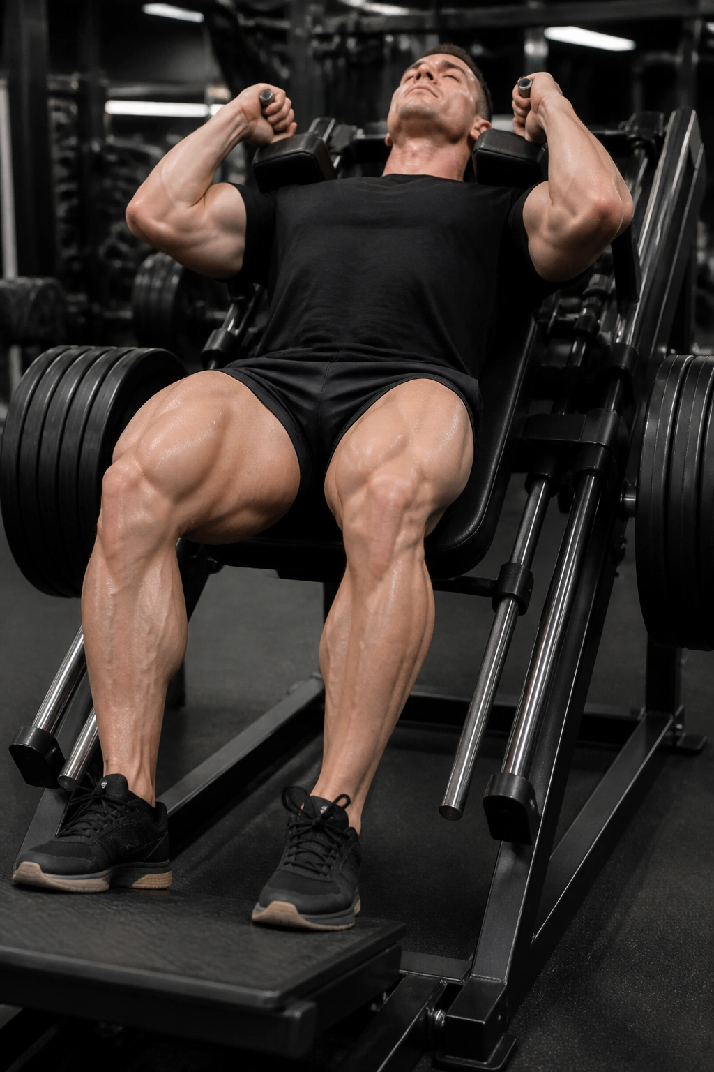 Lifter on hack squat machine focusing on quad drive