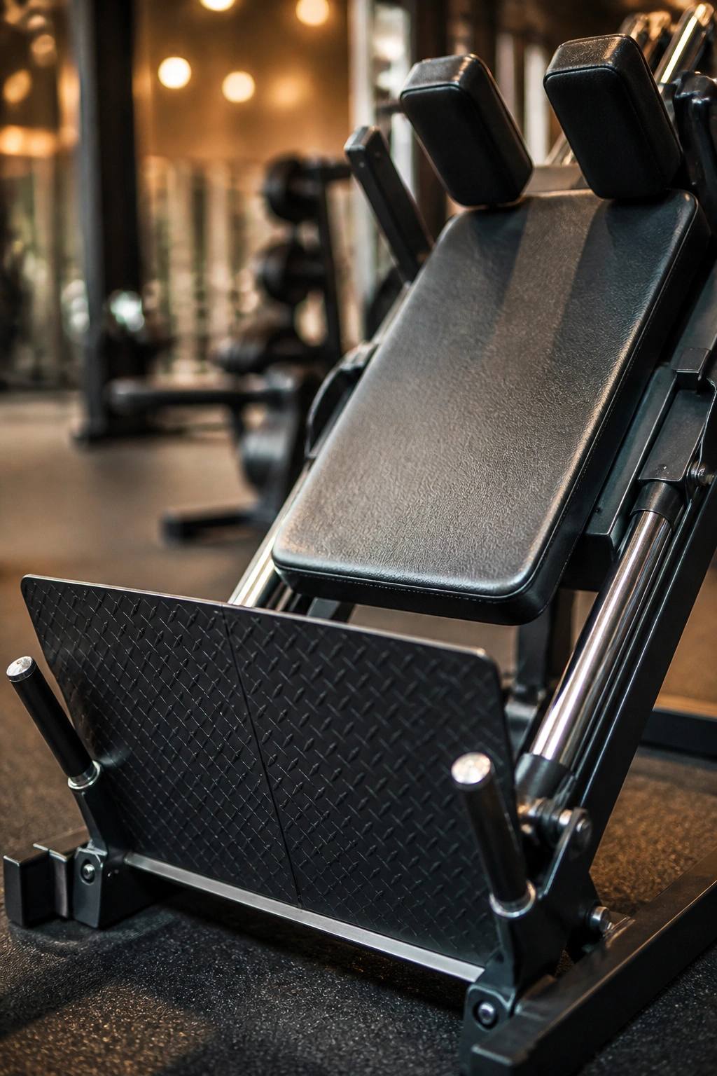 Hack squat machine close-up with platform and pad