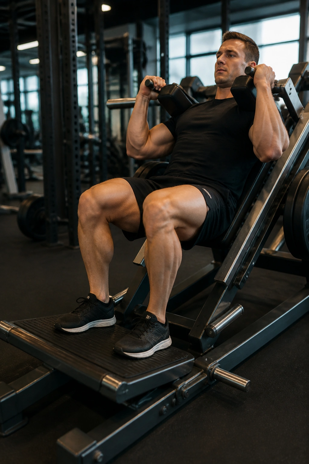 Lifter performing hack squat on machine in gym