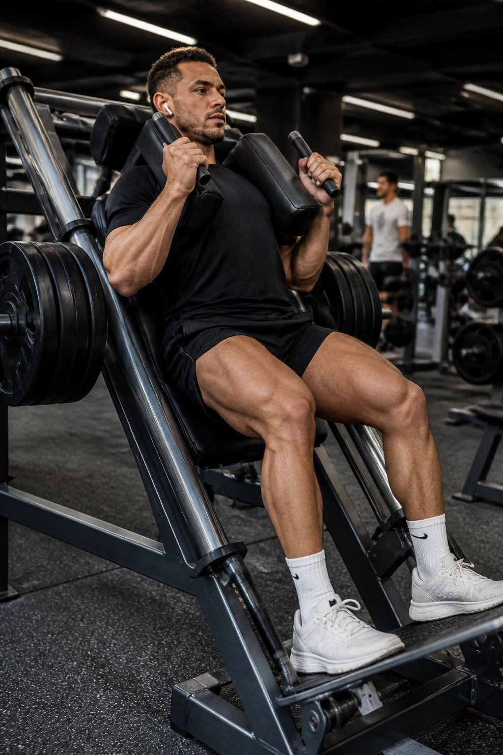 Athlete using hack squat machine in reverse variation