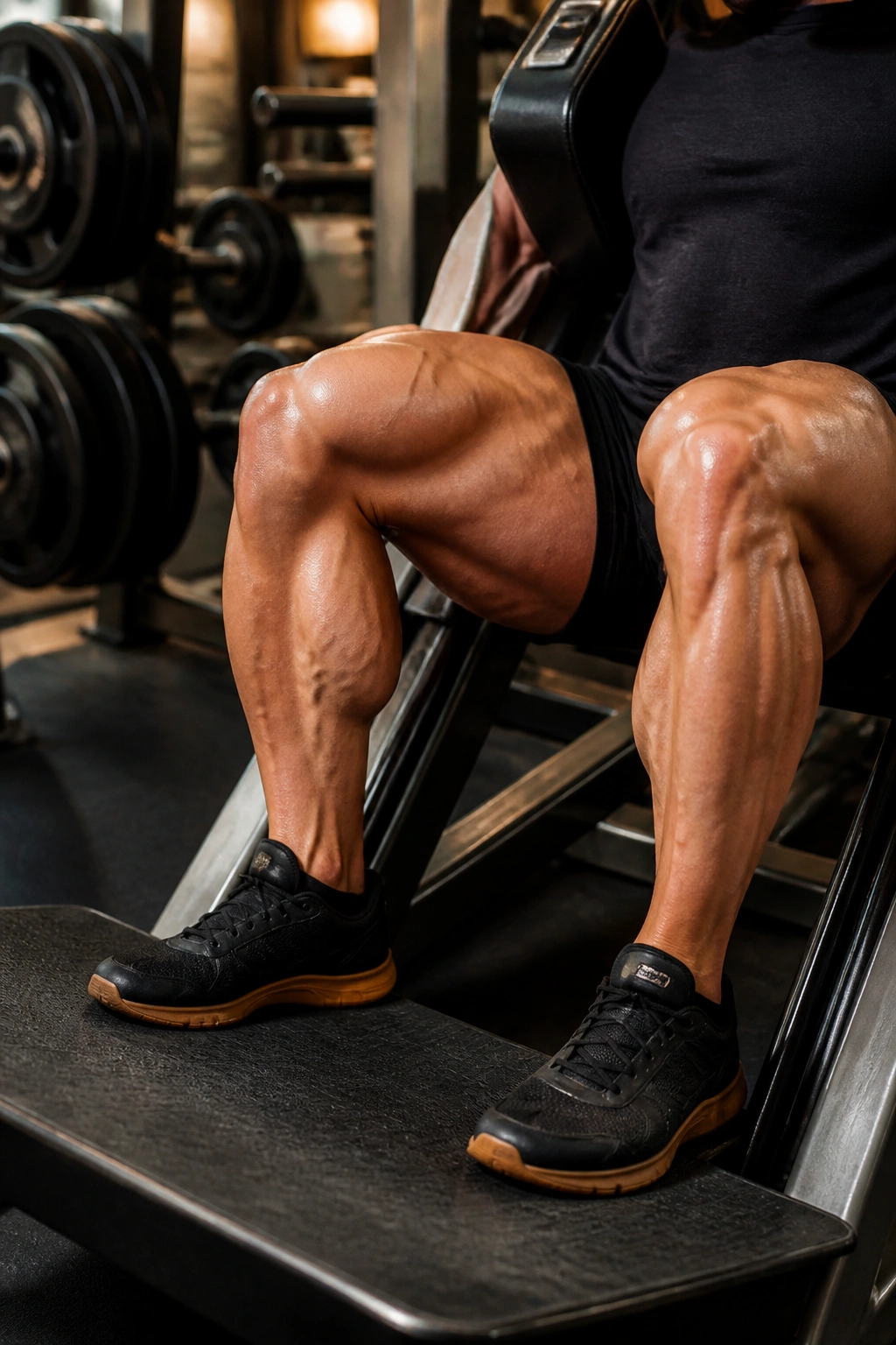 Close-up of a lifter performing hack squats on a machine in a gym, emphasizing deep knee bend and quad engagement