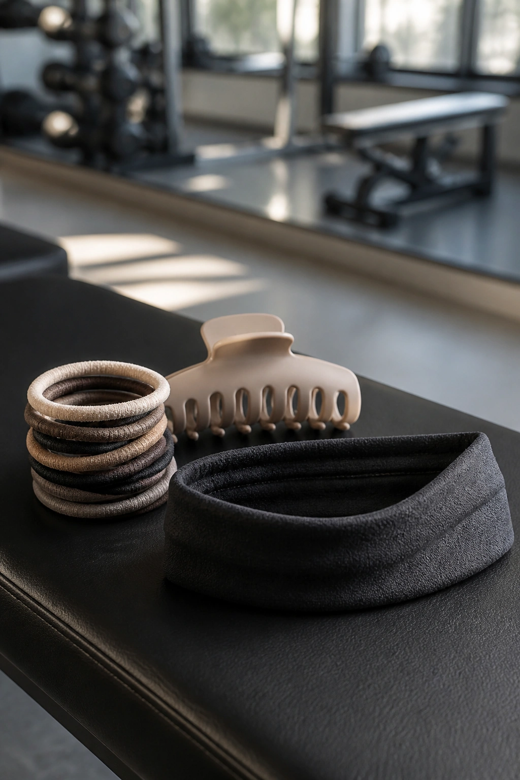Three hair accessories arranged on a surface: hair ties, claw clip, headband