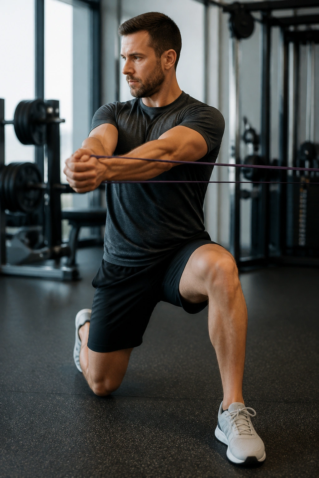 Half-kneeling band chop showing torso rotation control