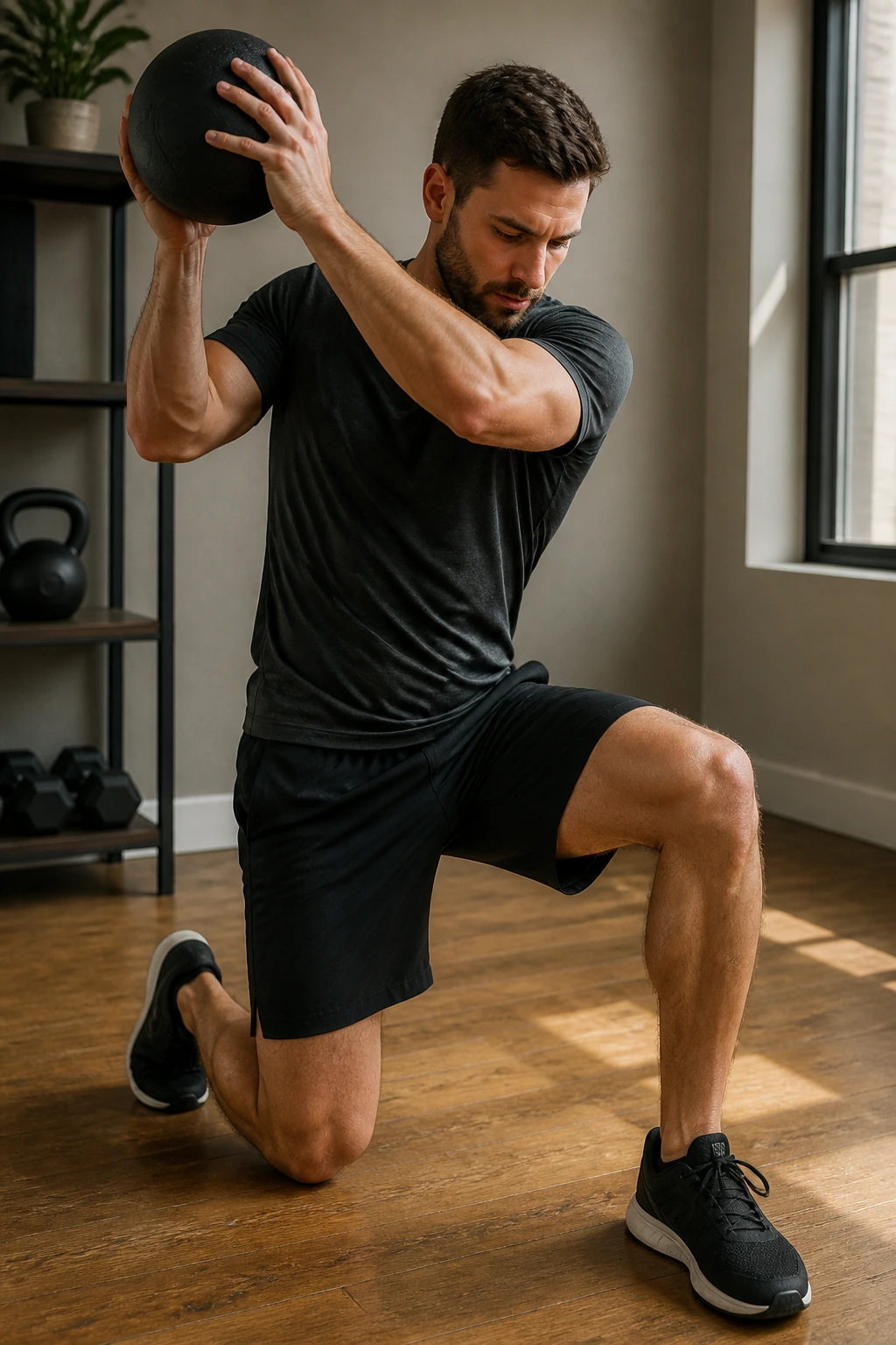 Real person performing half-kneeling chop and lift with medicine ball in home gym setting