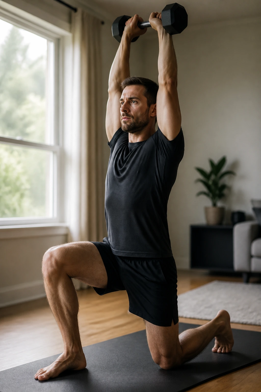 Person in half-kneeling overhead press hold showing stacked shoulder alignment.