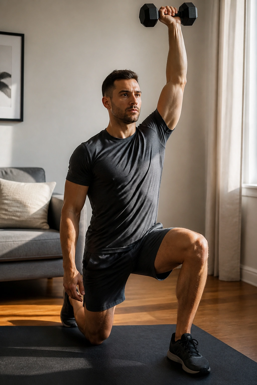 Half-Kneeling Dumbbell Press in a tight-space home gym overhead press with knee down