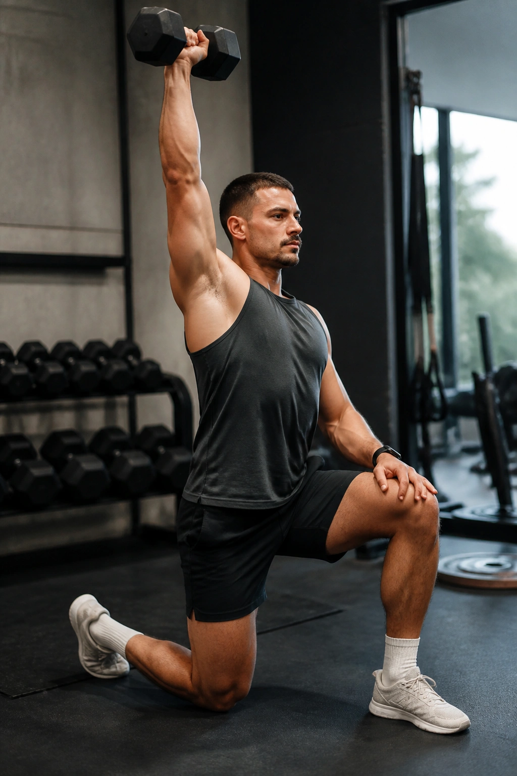 Real person performing half-kneeling single-arm press in training space
