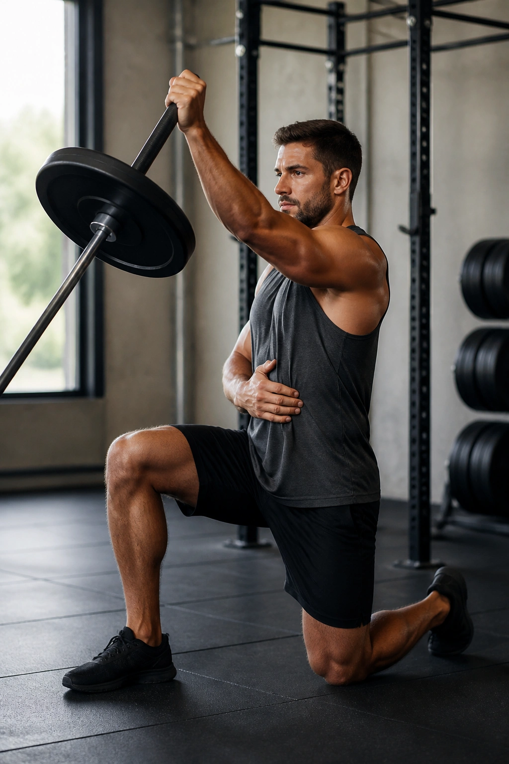 Close-up of real athlete performing half-kneeling landmine press with braced core in a gym
