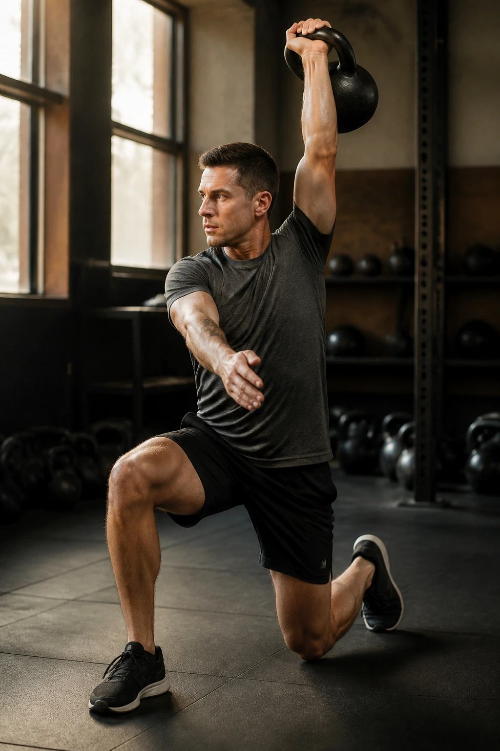 Real person performing half-kneeling kettlebell press with rotation in gym