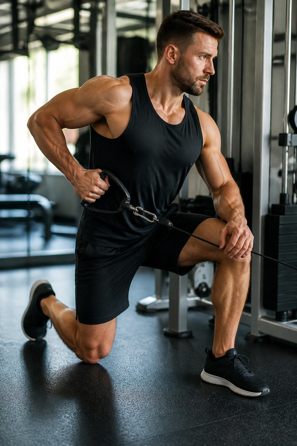 Person performing half-kneeling single-arm row with cable focusing on the back