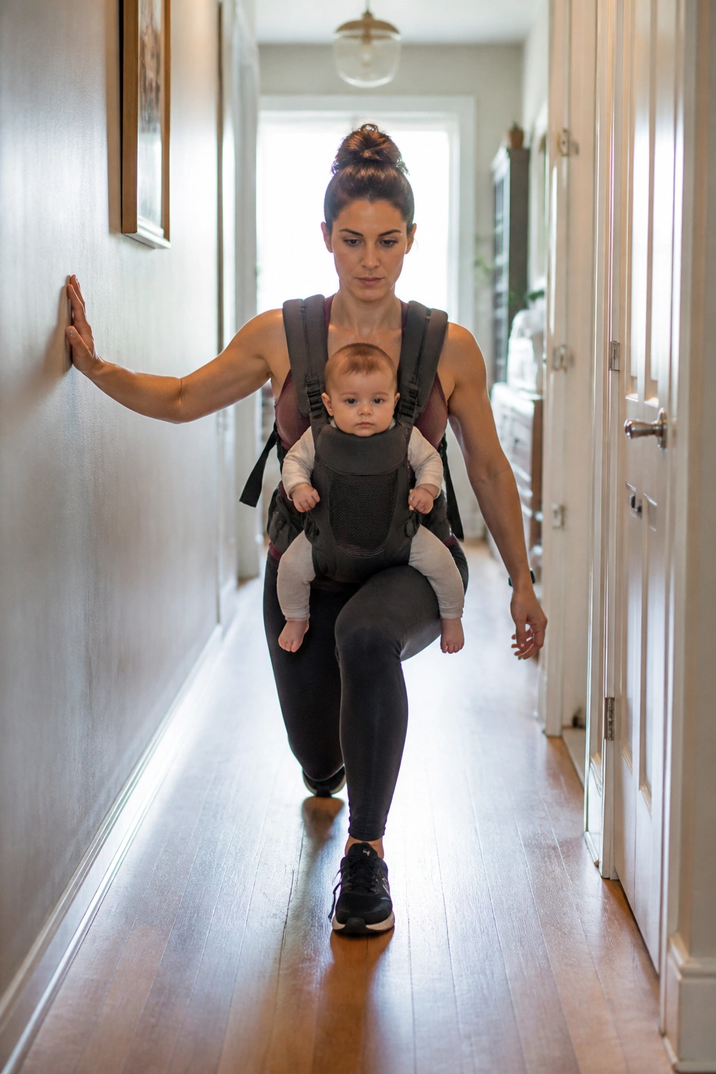 Person doing hallway lunges with baby in carrier in a home hallway